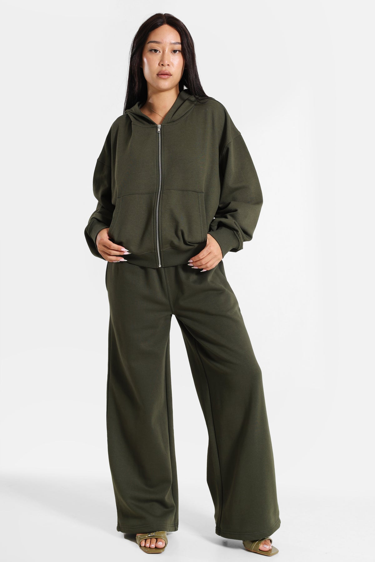 Felpa con cappuccio e zip - Olive