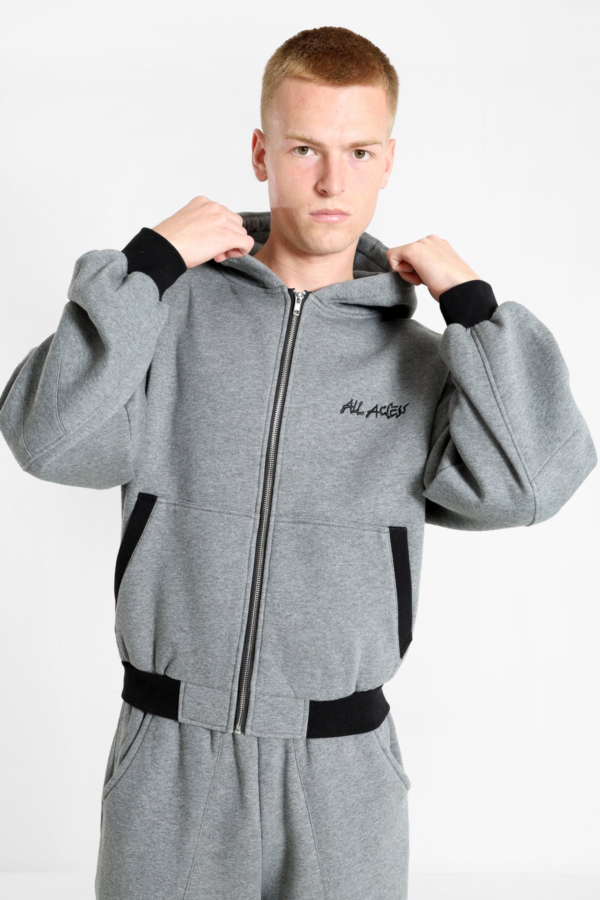 Kapuzensweatjacke - Dunkelgrau meliert + Schwarz
