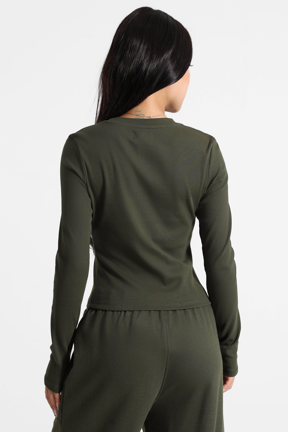 Long-sleeve cropped ribbed shirt - Olive