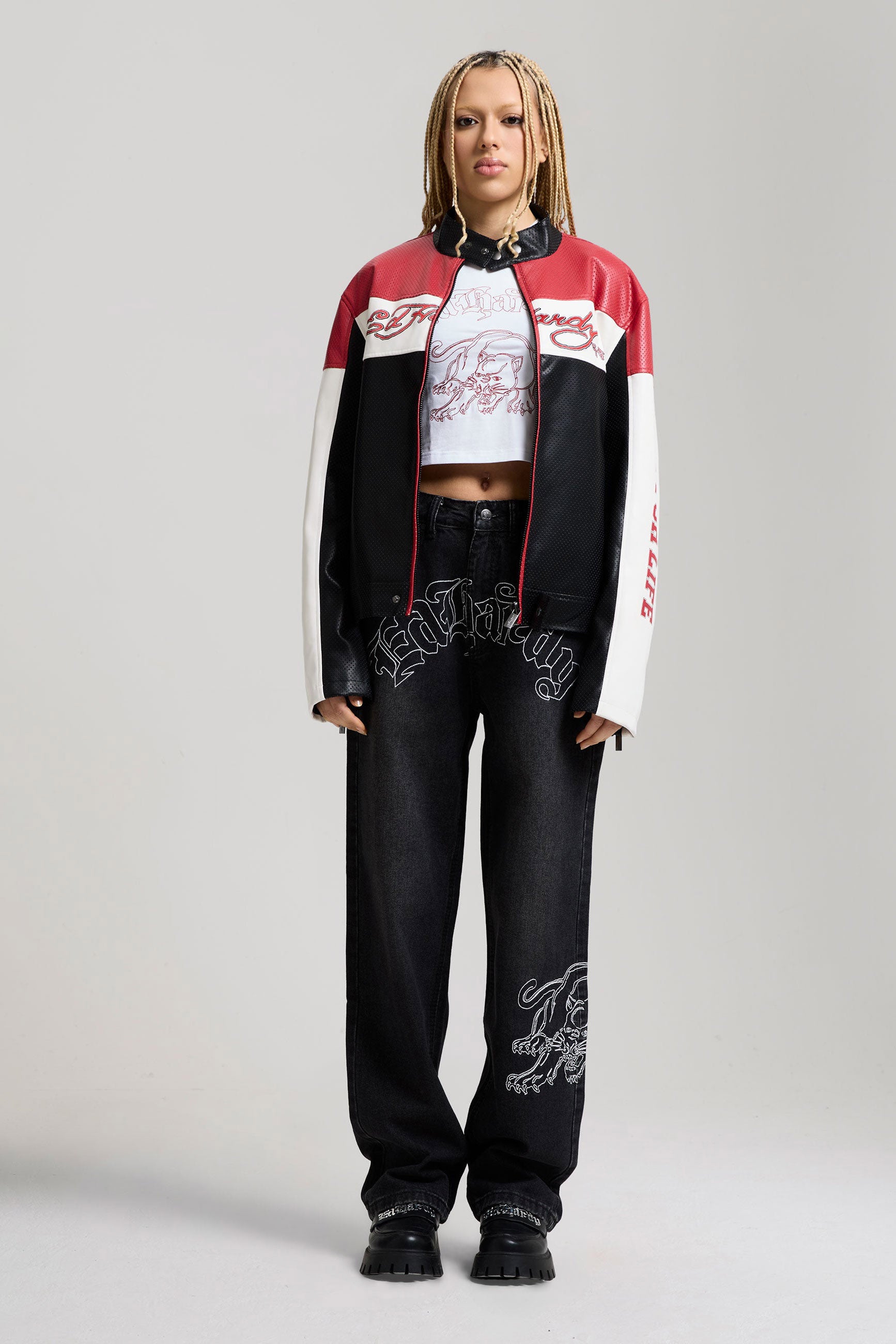 Kunstleder Bikerjacke - Black + Red + White