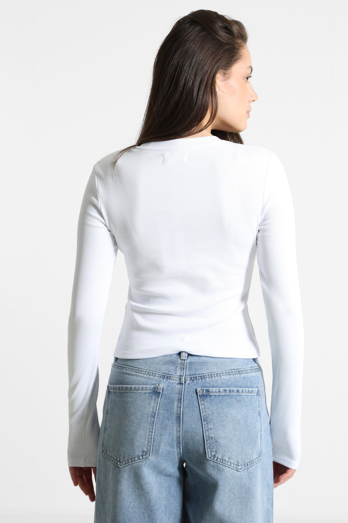 Geripptes Crop Langarmshirt - Weiss