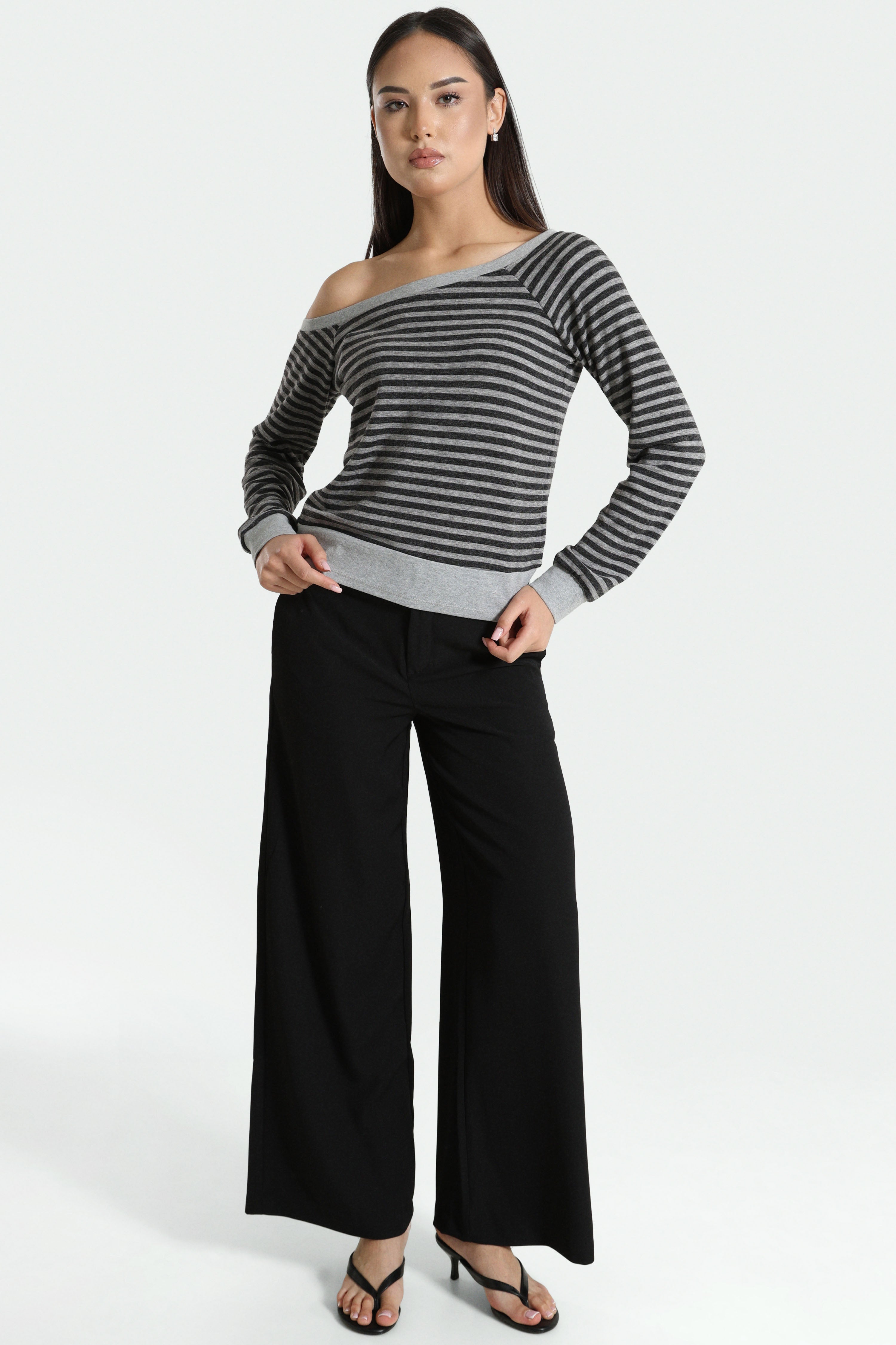 Off Shoulder Langarmshirt - Grau meliert + Anthrazit