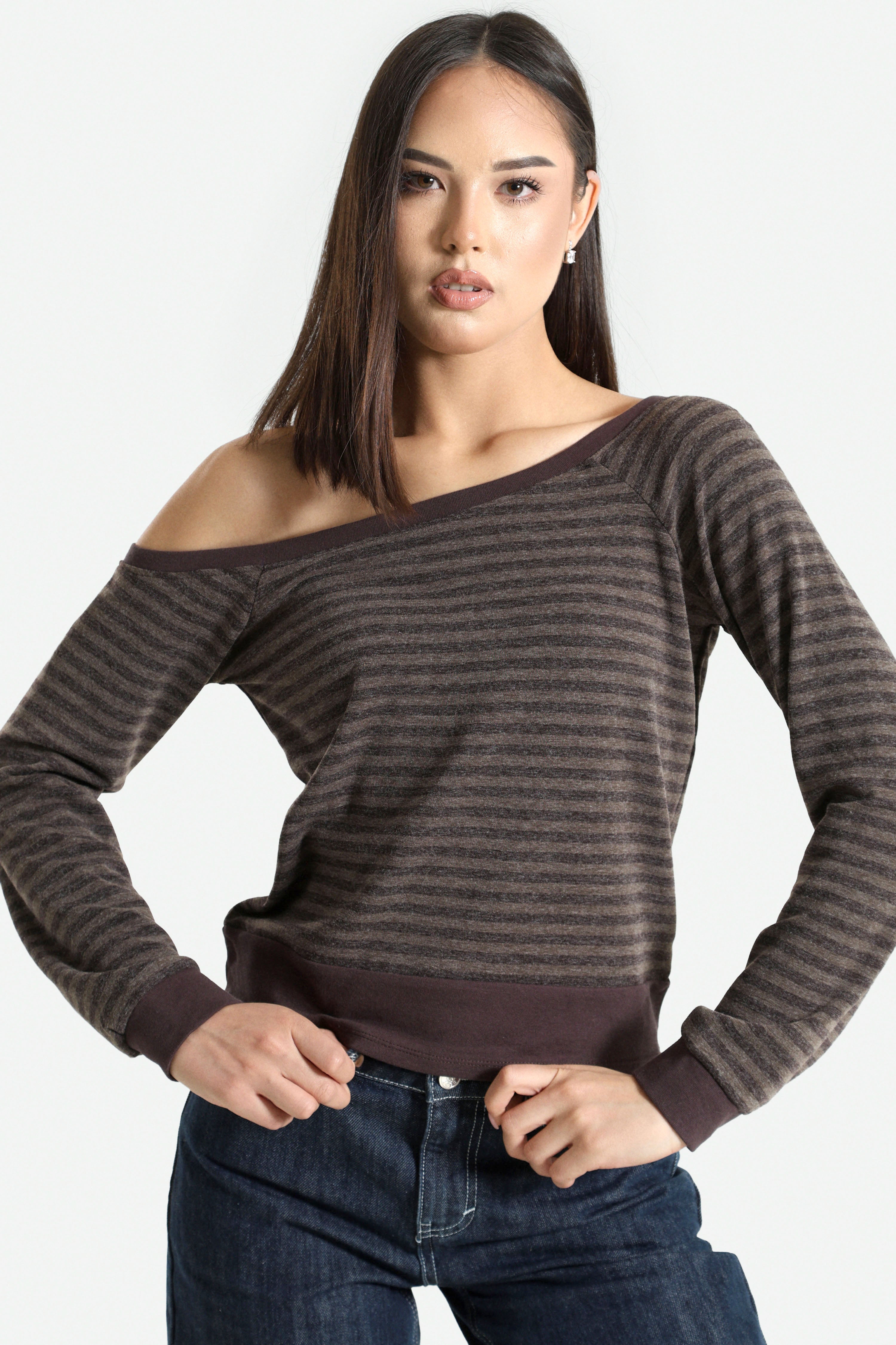 Off Shoulder Langarmshirt - Braun