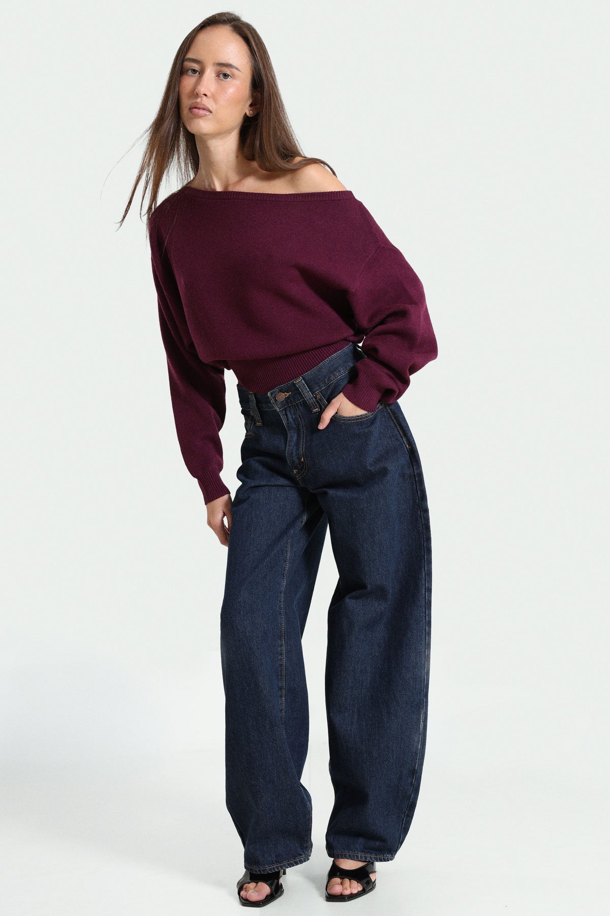 Off Shoulder Strickpullover - Aubergine