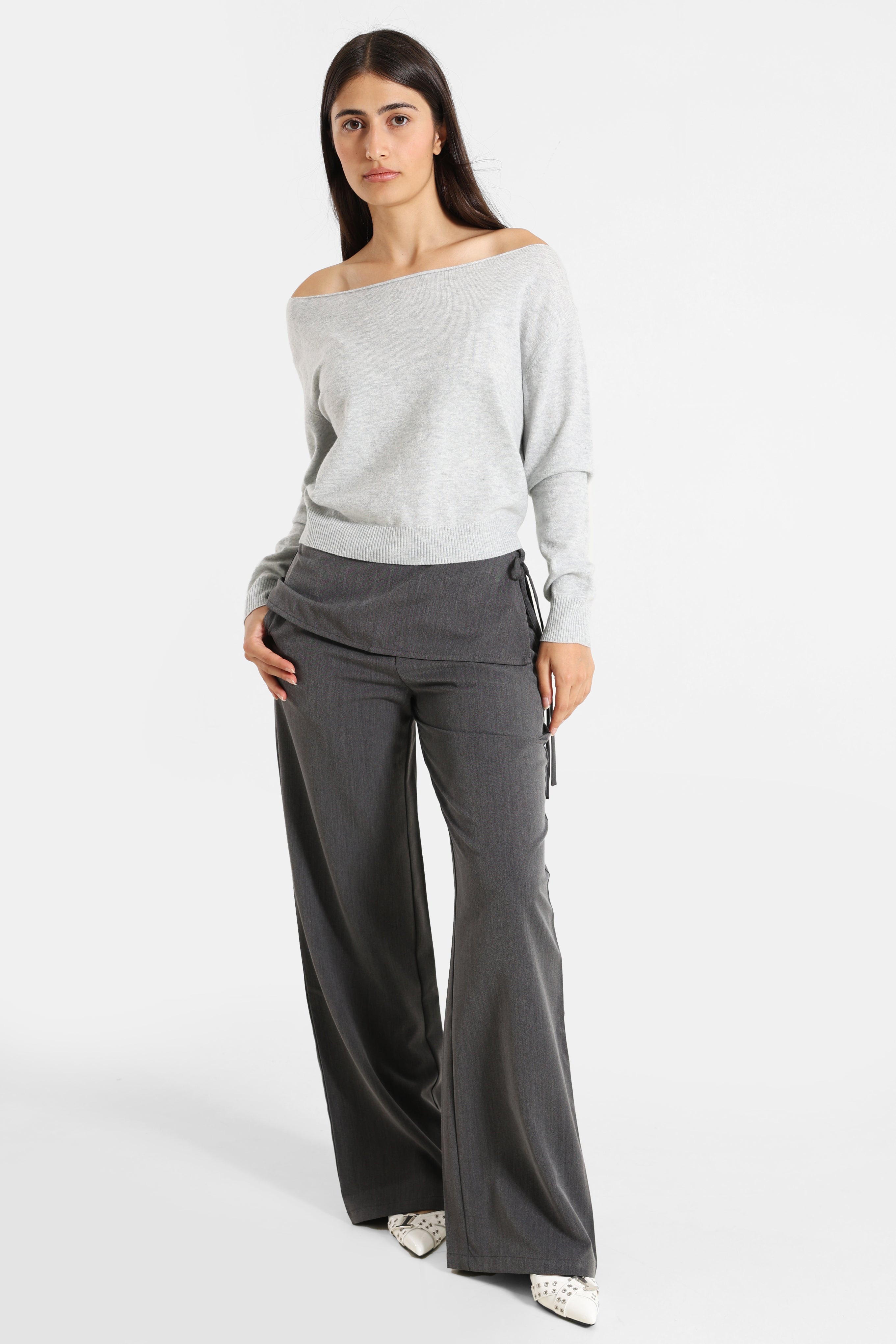 Off Shoulder Strickpullover - Hellgrau meliert