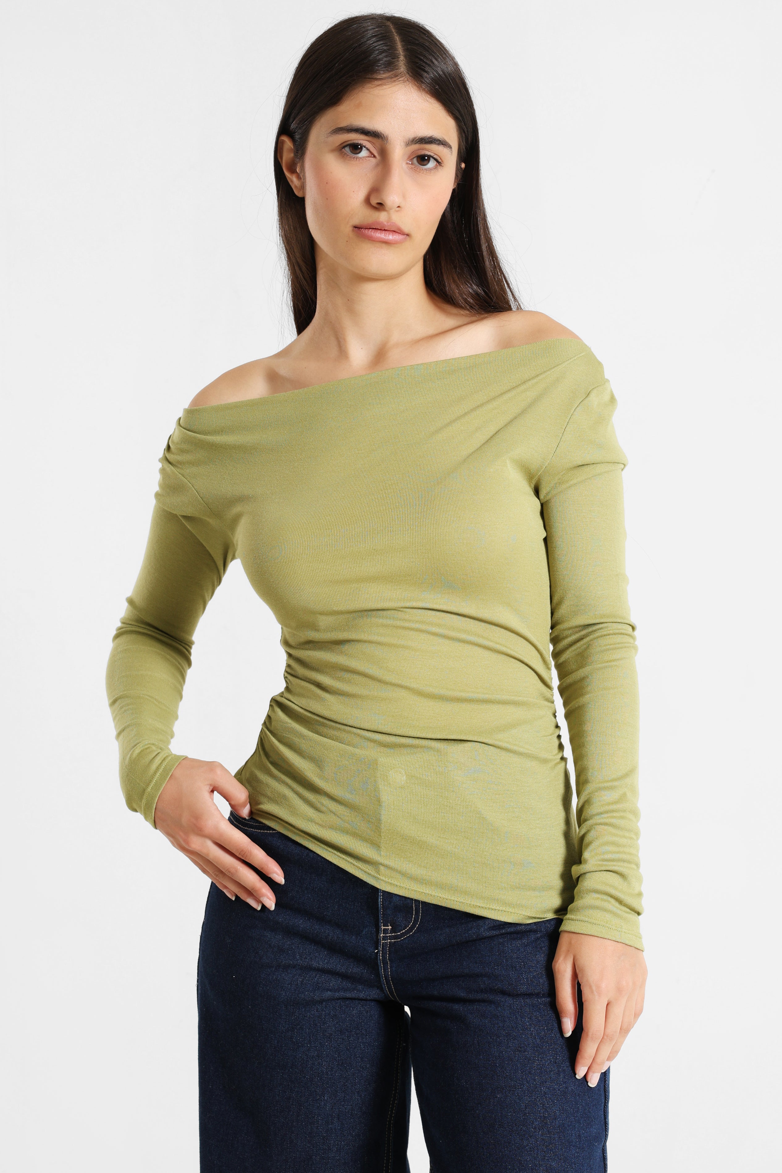 Off Shoulder Langarmshirt - Grün Matcha