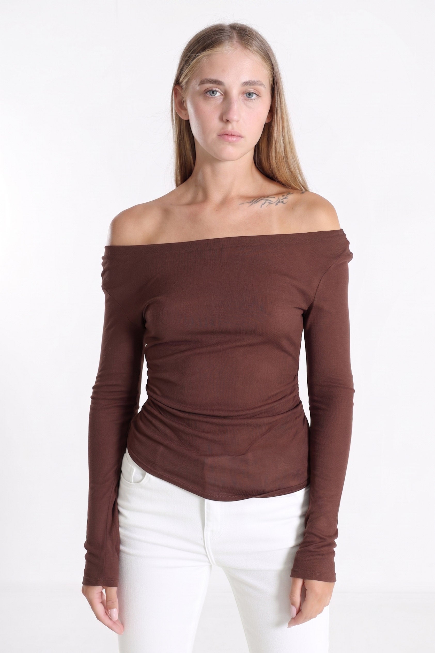 Off Shoulder Langarmshirt - Braun