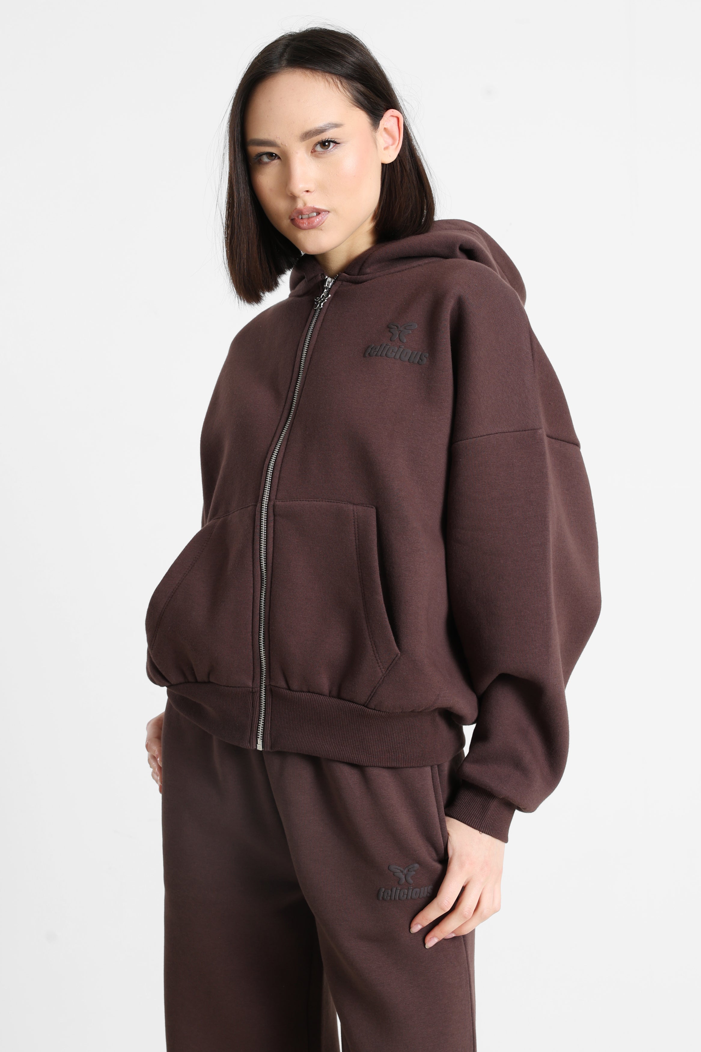 Oversize Kapuzensweatjacke - Brown