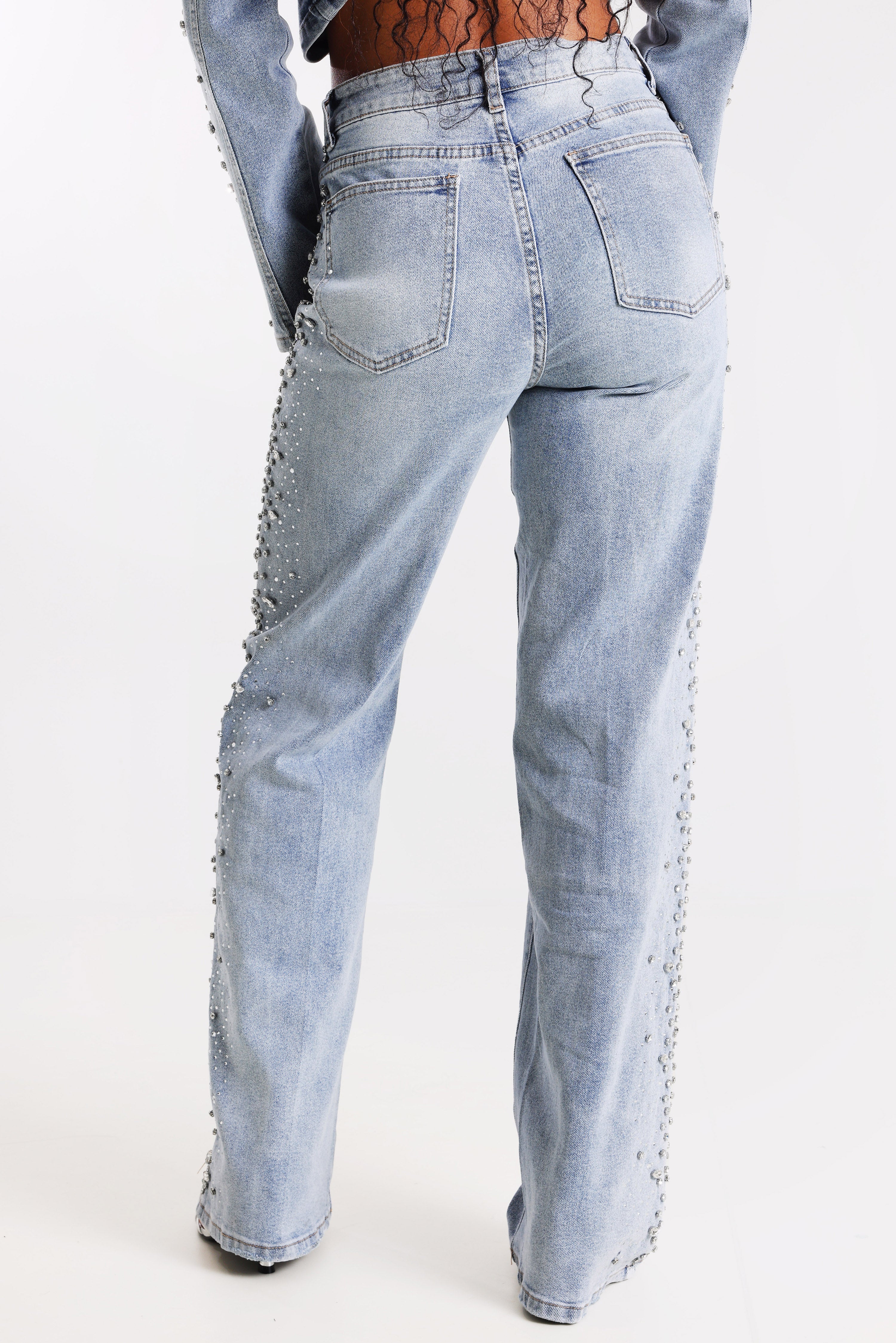 Wide Leg Jeans mit Strass - Blue