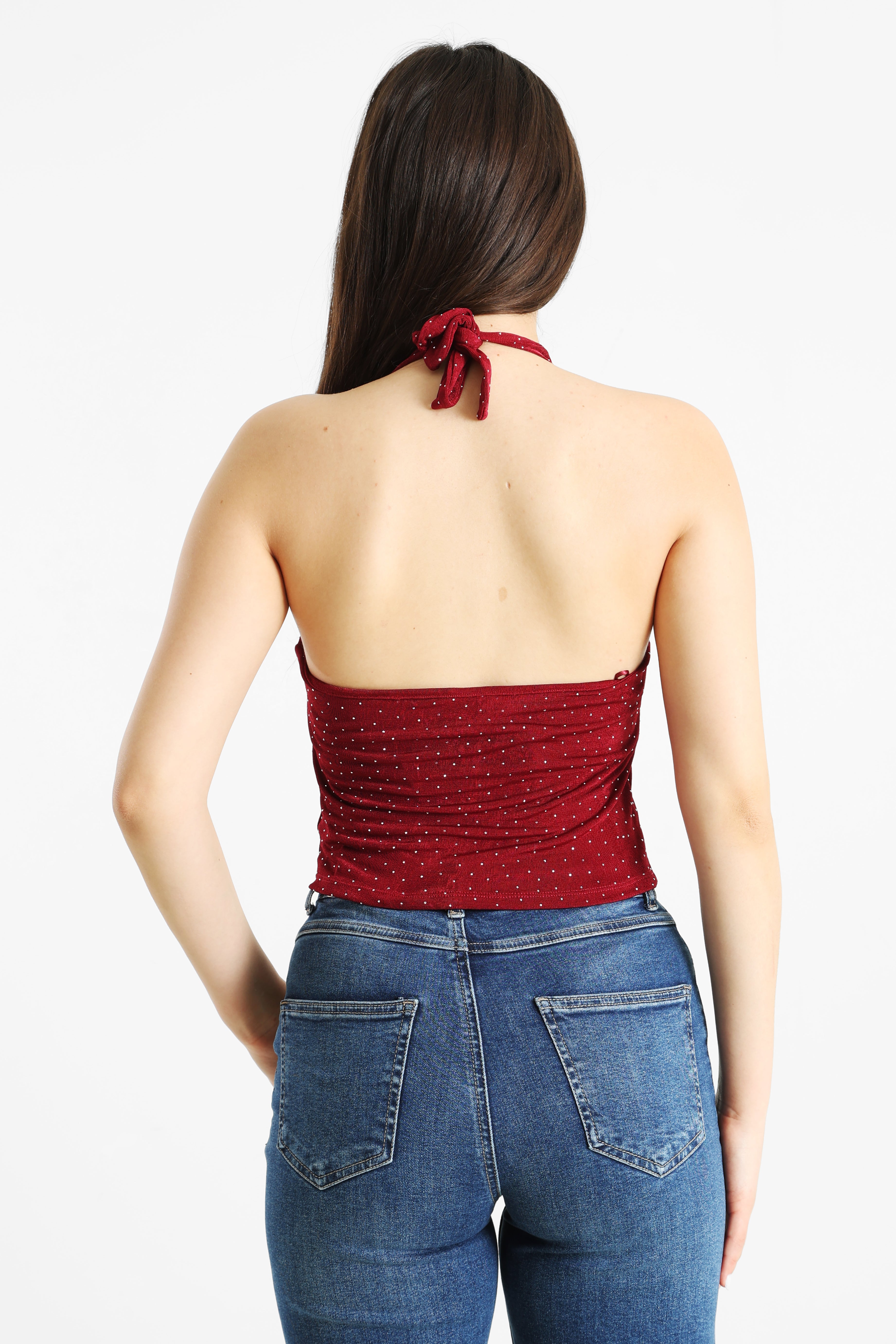 Halter neck crop top with rhinestones - Bordeaux