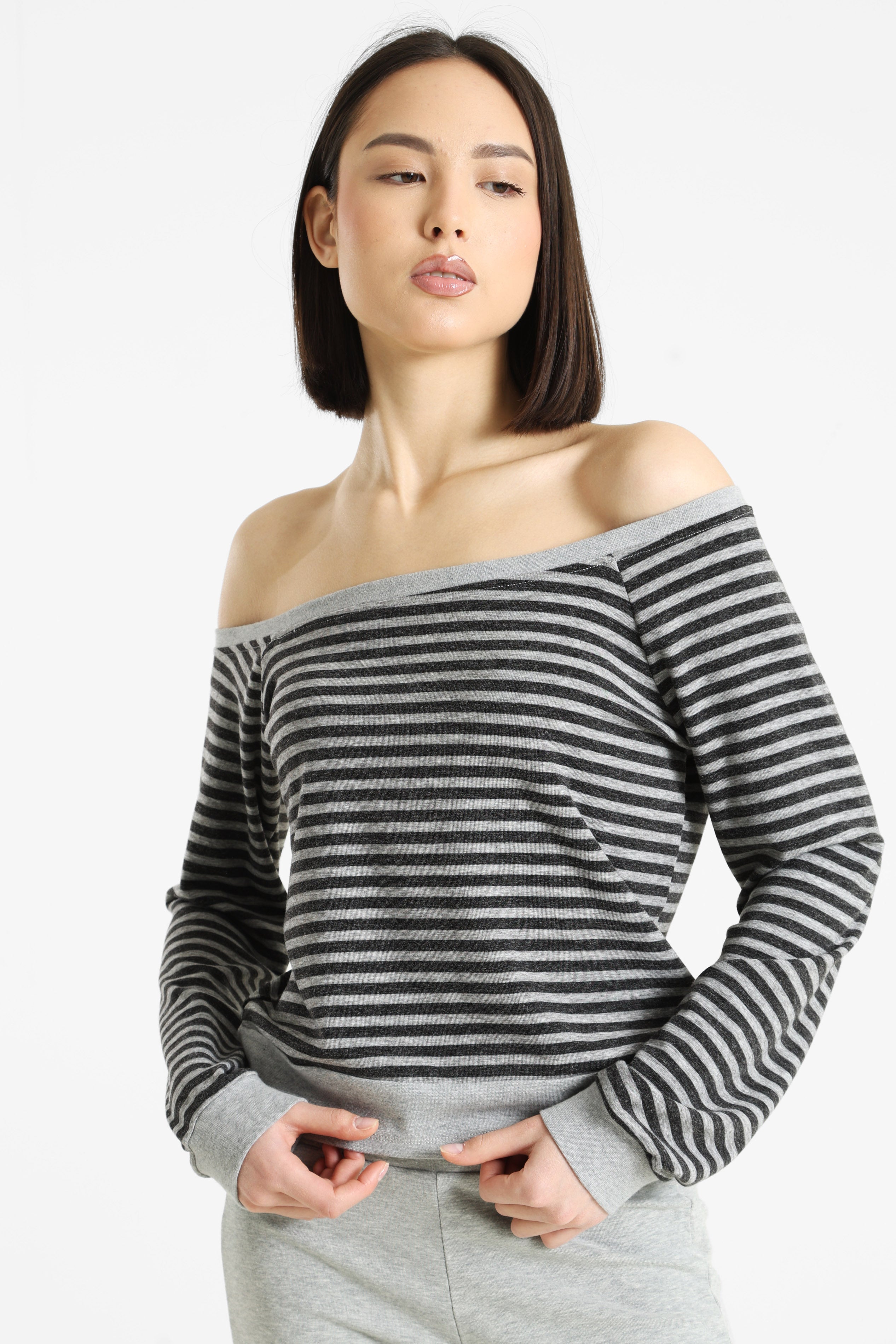 Off Shoulder Langarmshirt - Grau meliert + Anthrazit