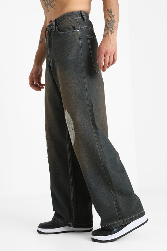 Baggy Fit Jeans - Dark Blue + Brown