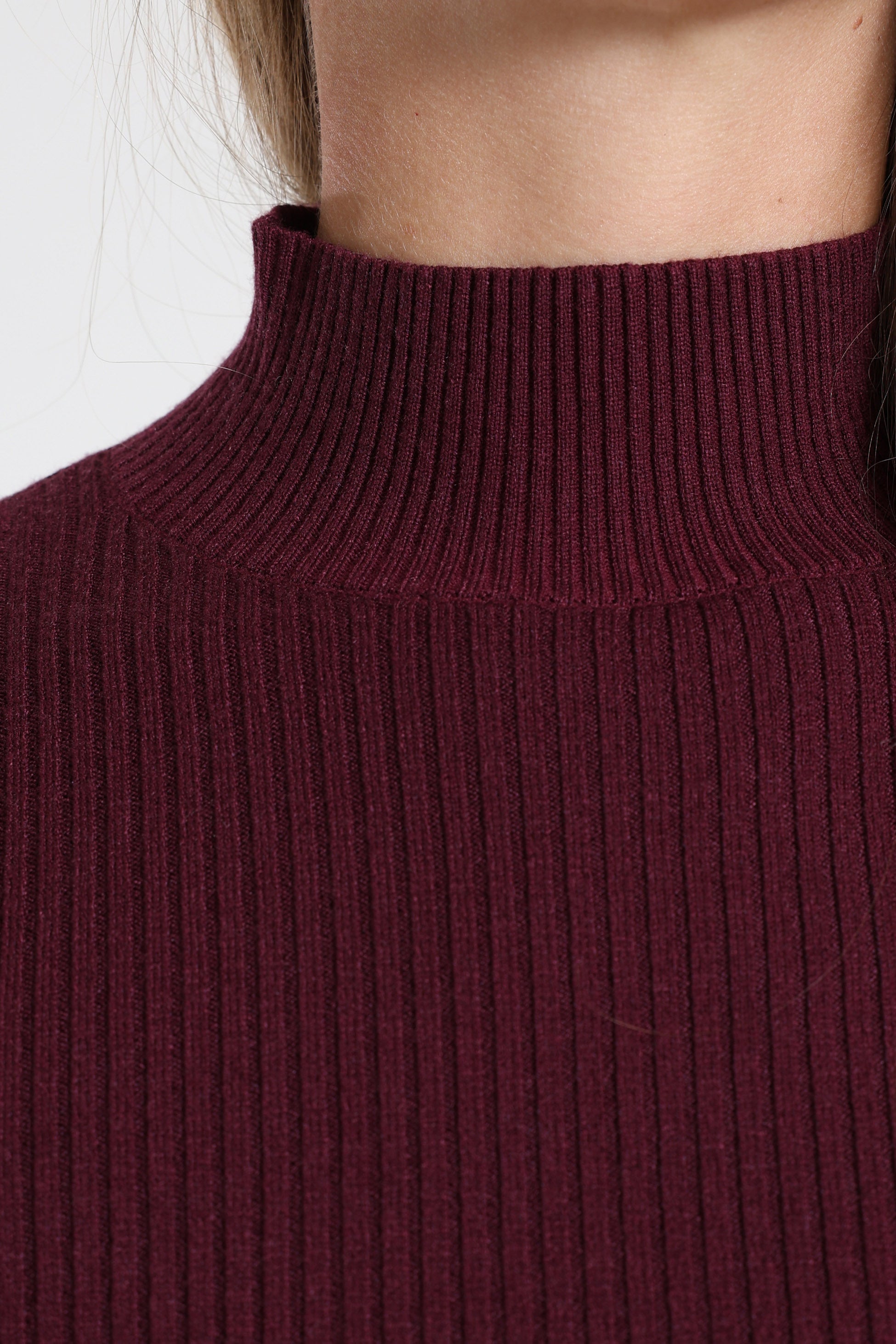 Gerippter Crop Strickpullover - Bordeaux
