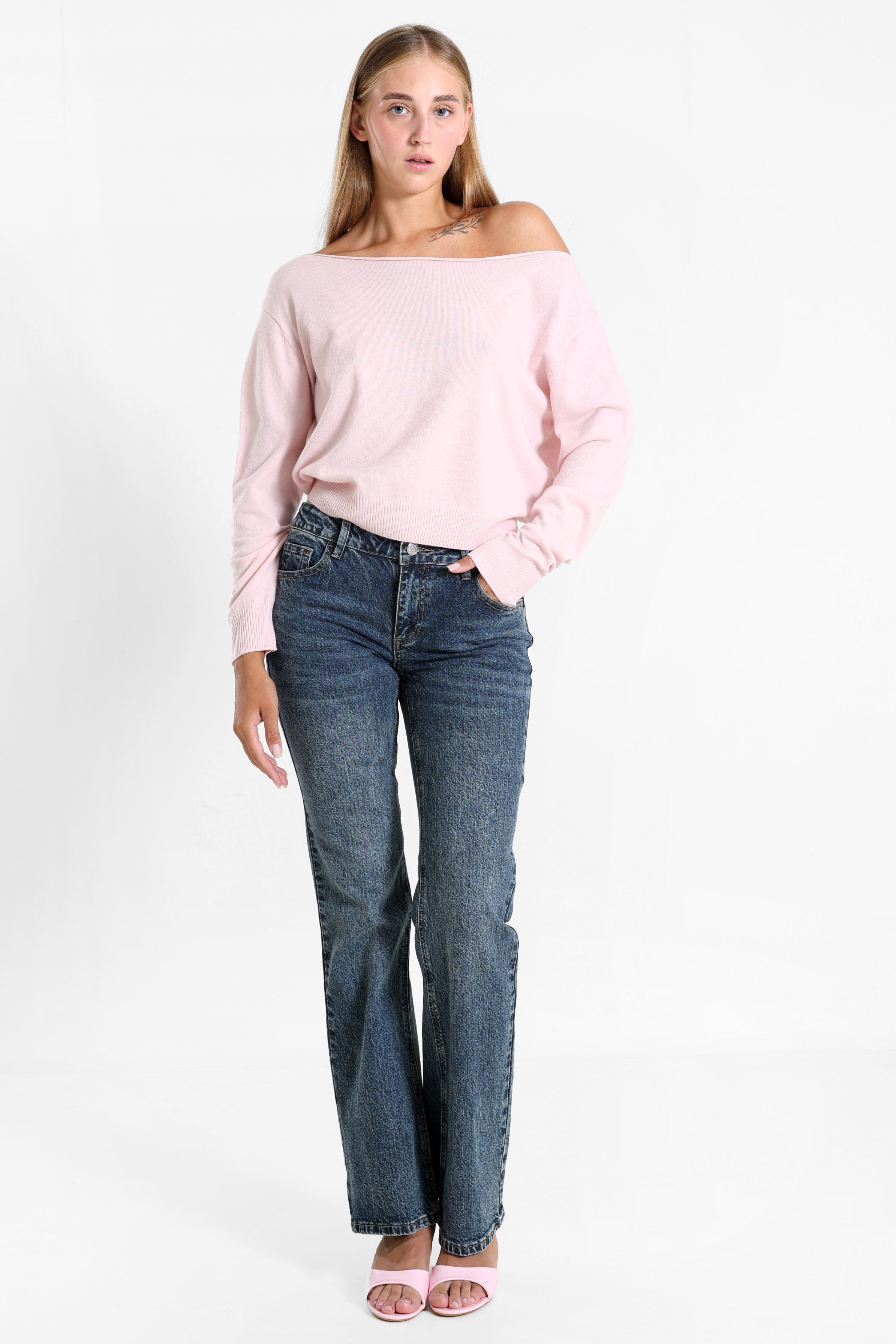 Off Shoulder Strickpullover - Rosa