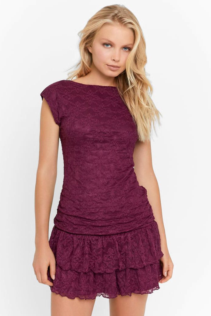 Mini abito in pizzo con pantaloncini integrati - Burgundy