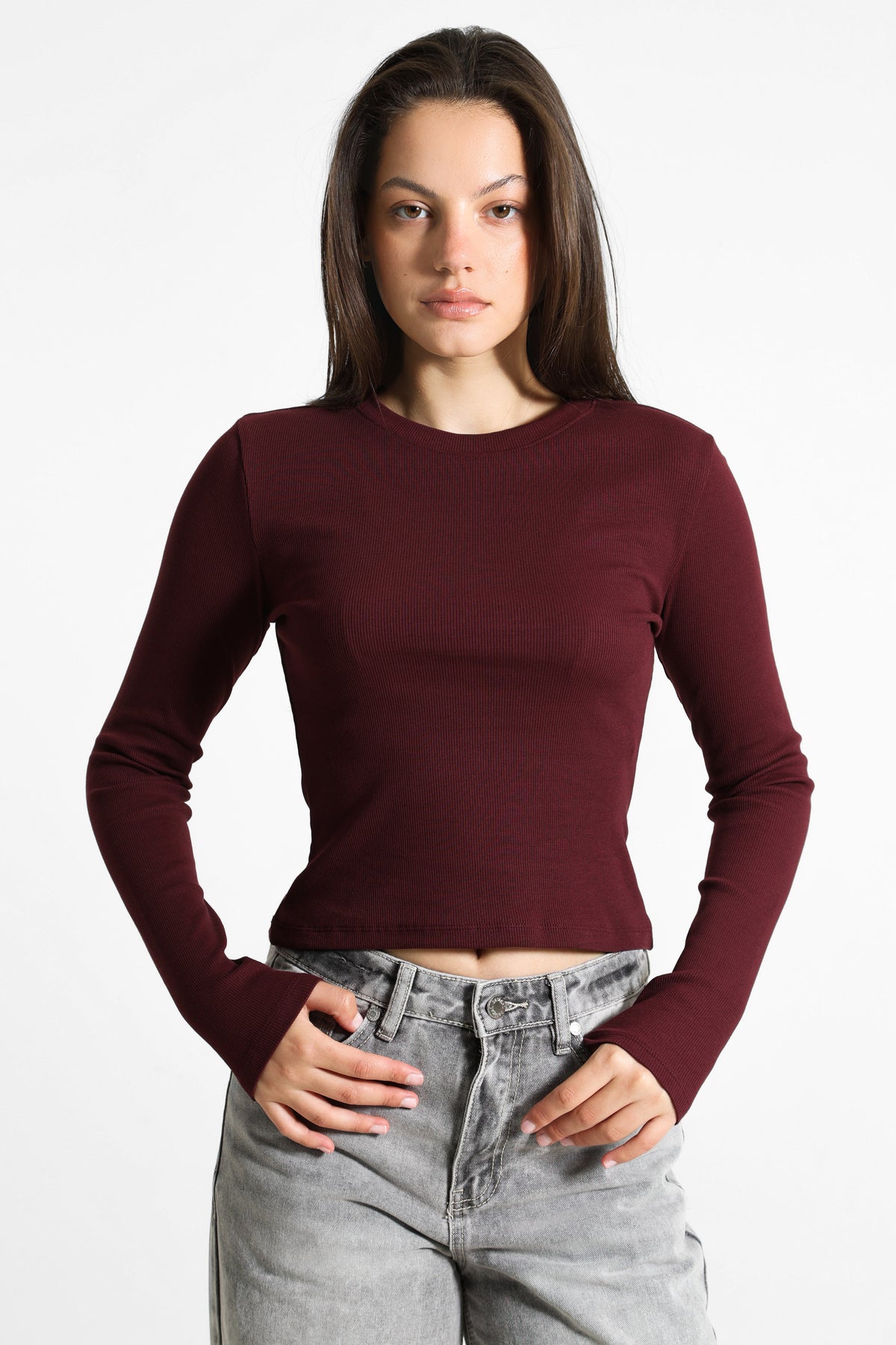 Geripptes Crop Langarmshirt - Bordeaux