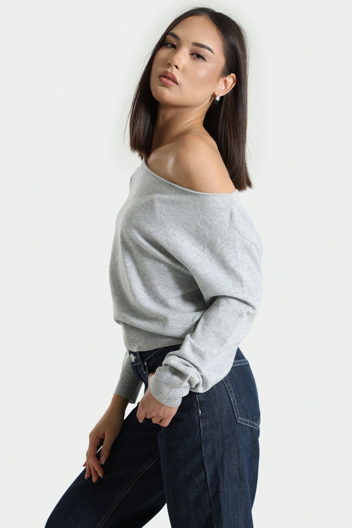 Off Shoulder Feinstrickpullover - Hellgrau meliert