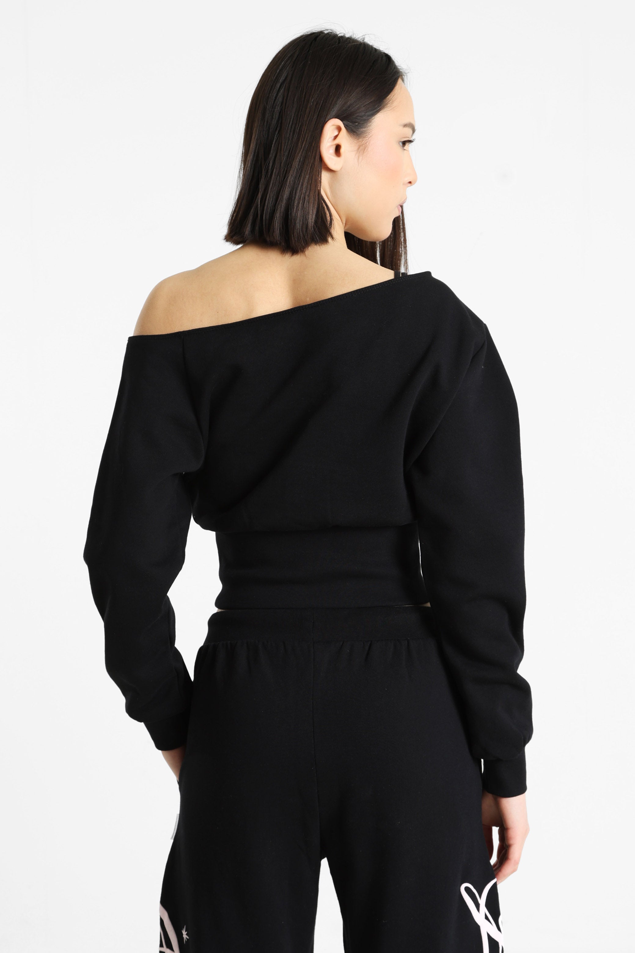 One Shoulder Crop Sweatshirt - Black + Pink