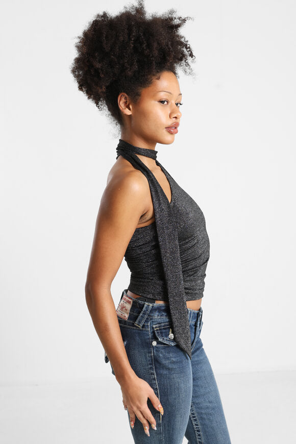 One Shoulder Crop Top - Schwarz + Silber