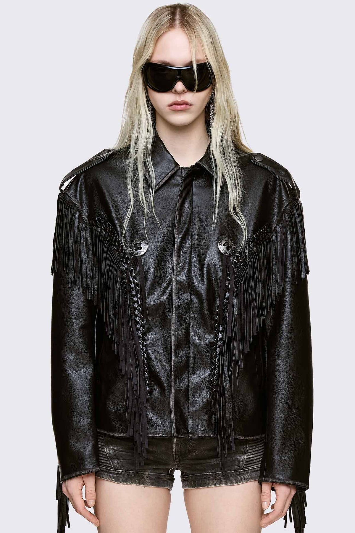 Nomad giacca biker in ecopelle con frange - Black