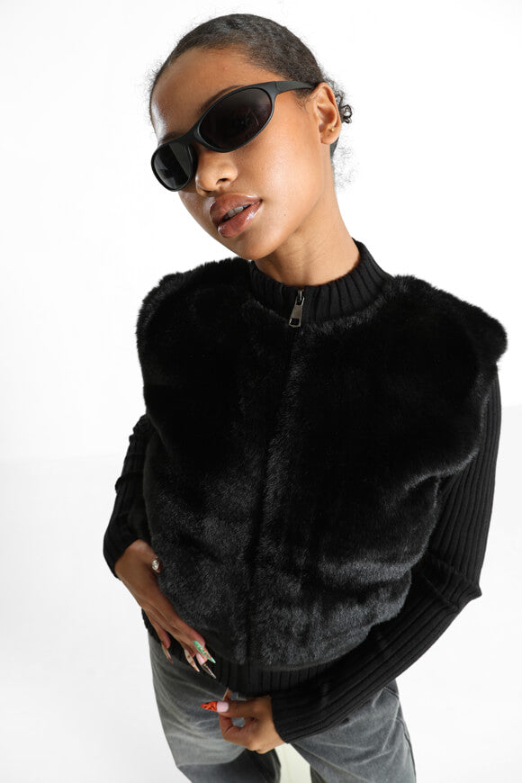 Veste en tricot avec fausse fourrure - Noir