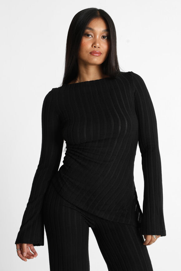 Gerippter Strickpullover - Schwarz