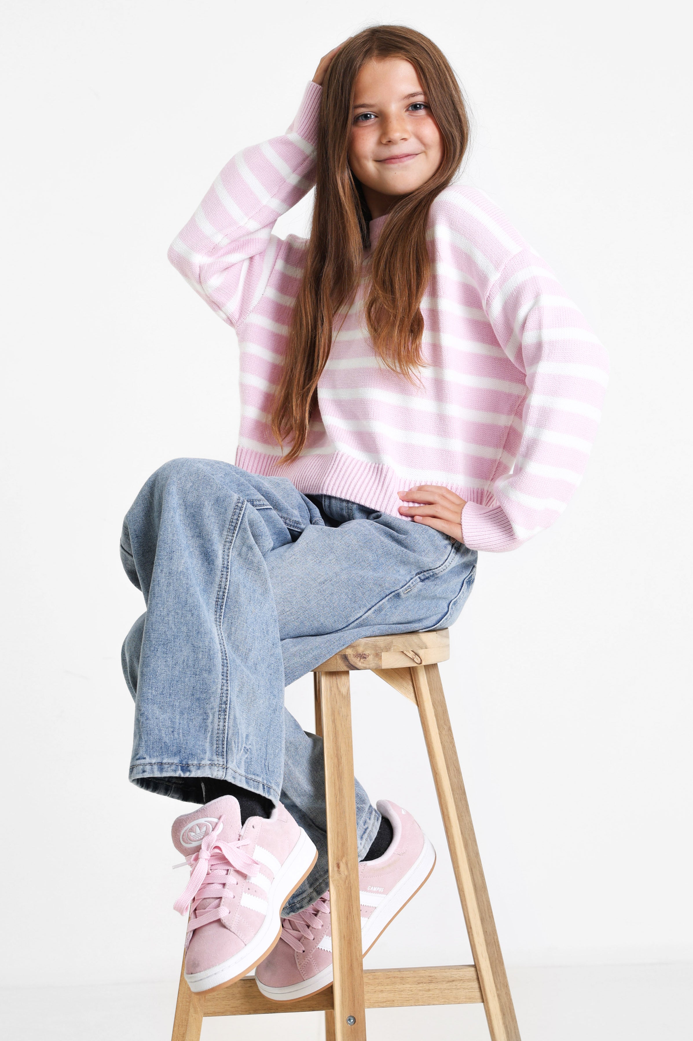 Crop Strickpullover - Rosa + Weiss