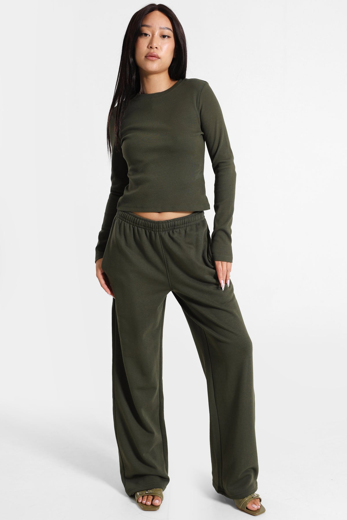 Long-sleeve cropped ribbed shirt - Olive