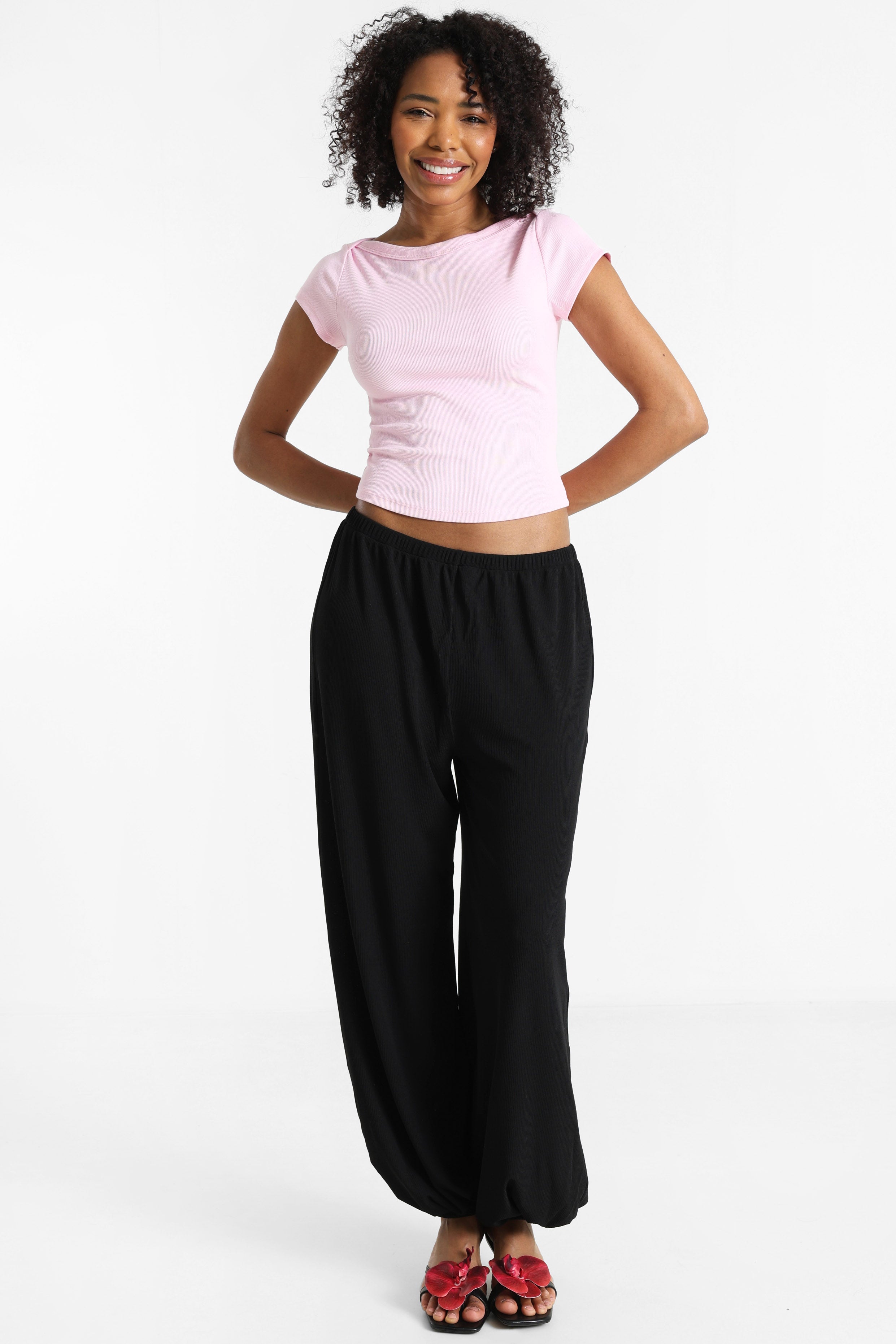 Geripptes Crop T-Shirt - Hell Pink