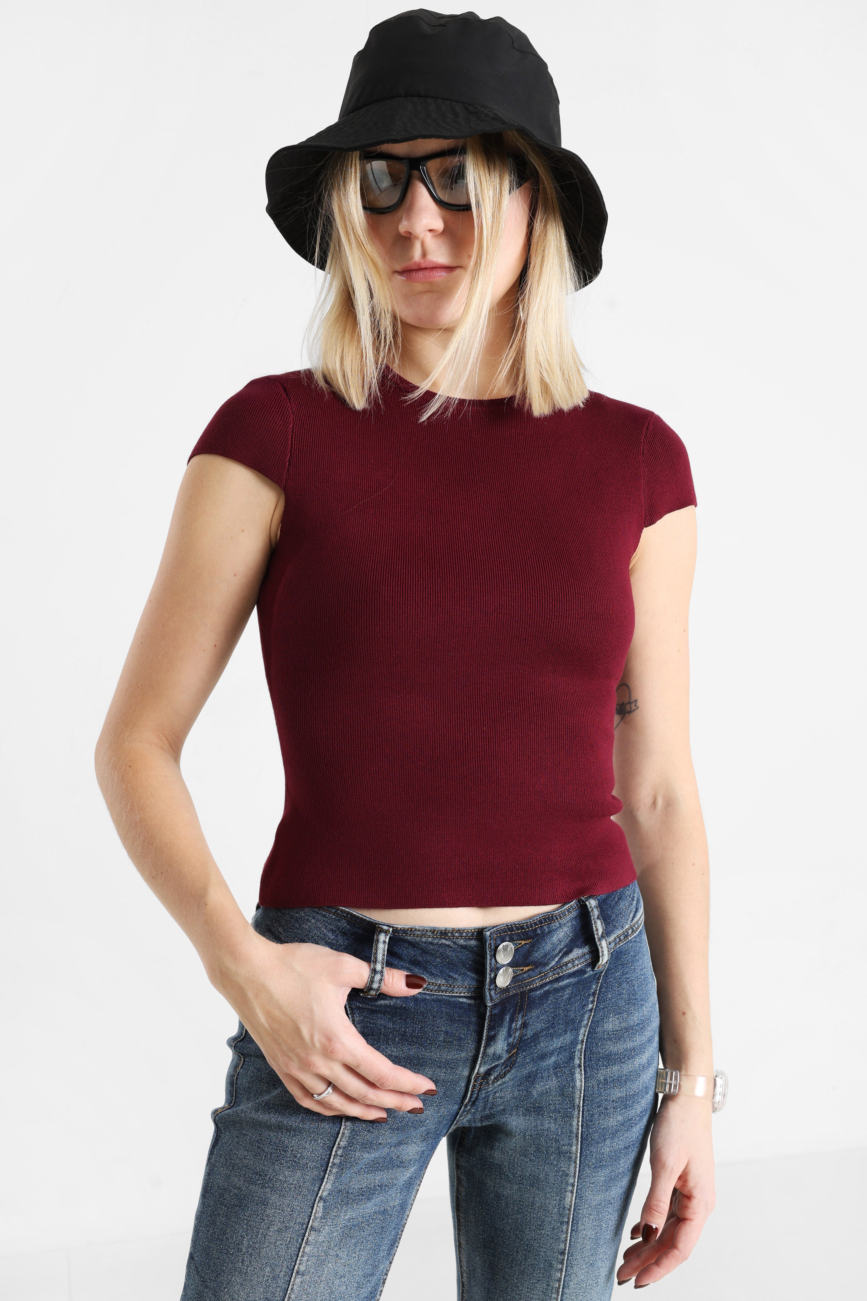 Geripptes T-Shirt - Bordeaux