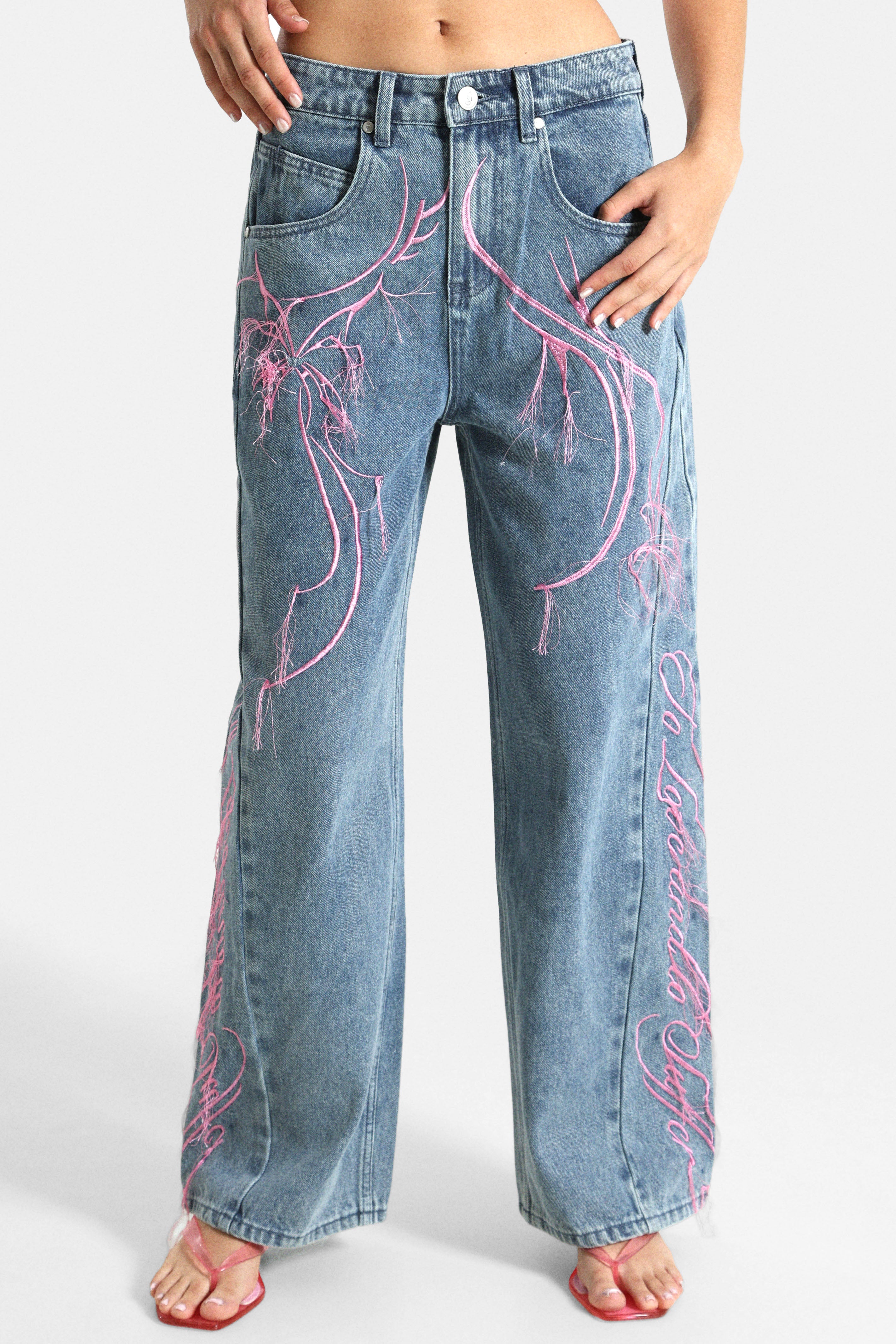 Baggy Fit Jeans - Dunkelblau + Rosa