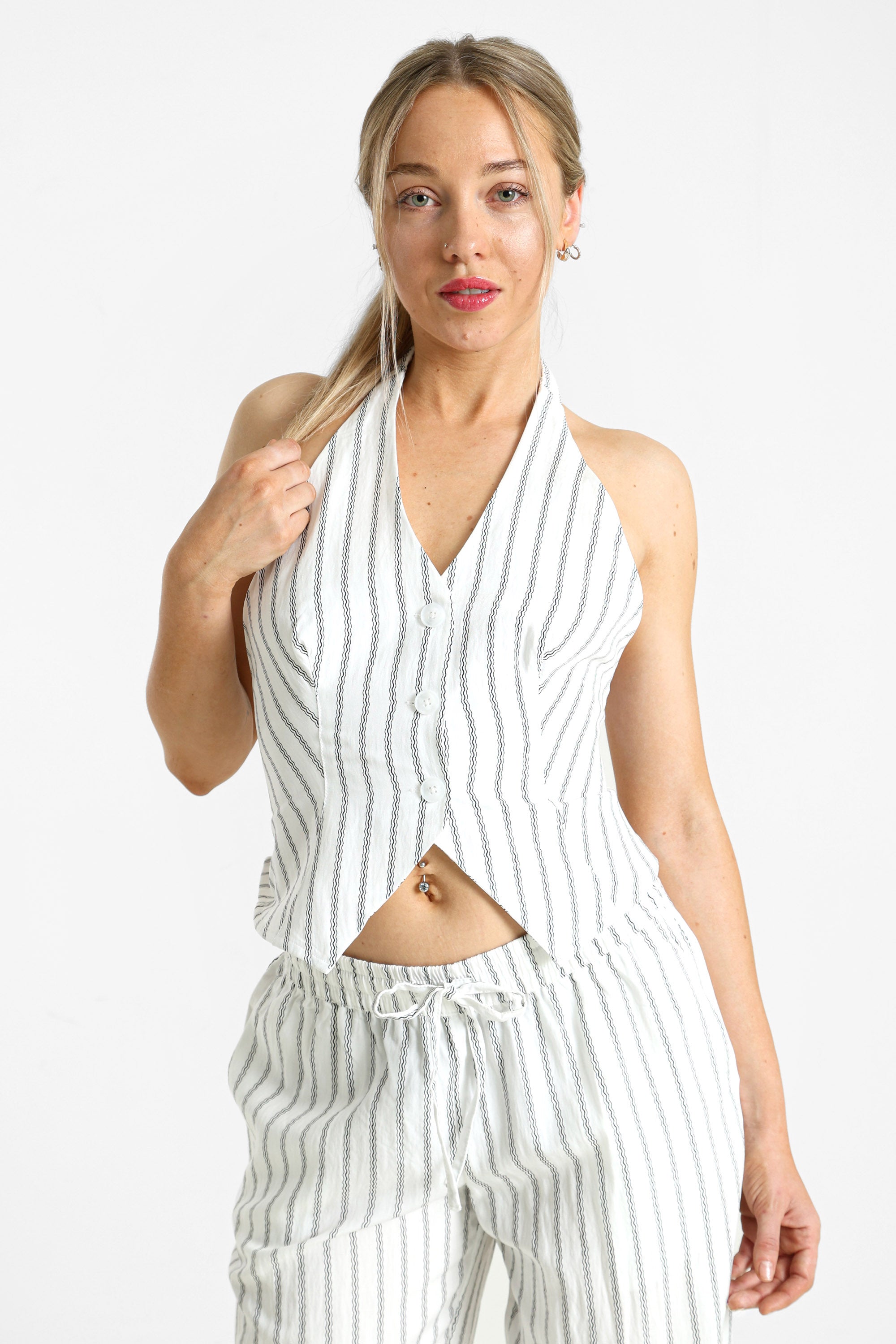 Neckholder Crop Top - Offwhite + Schwarz