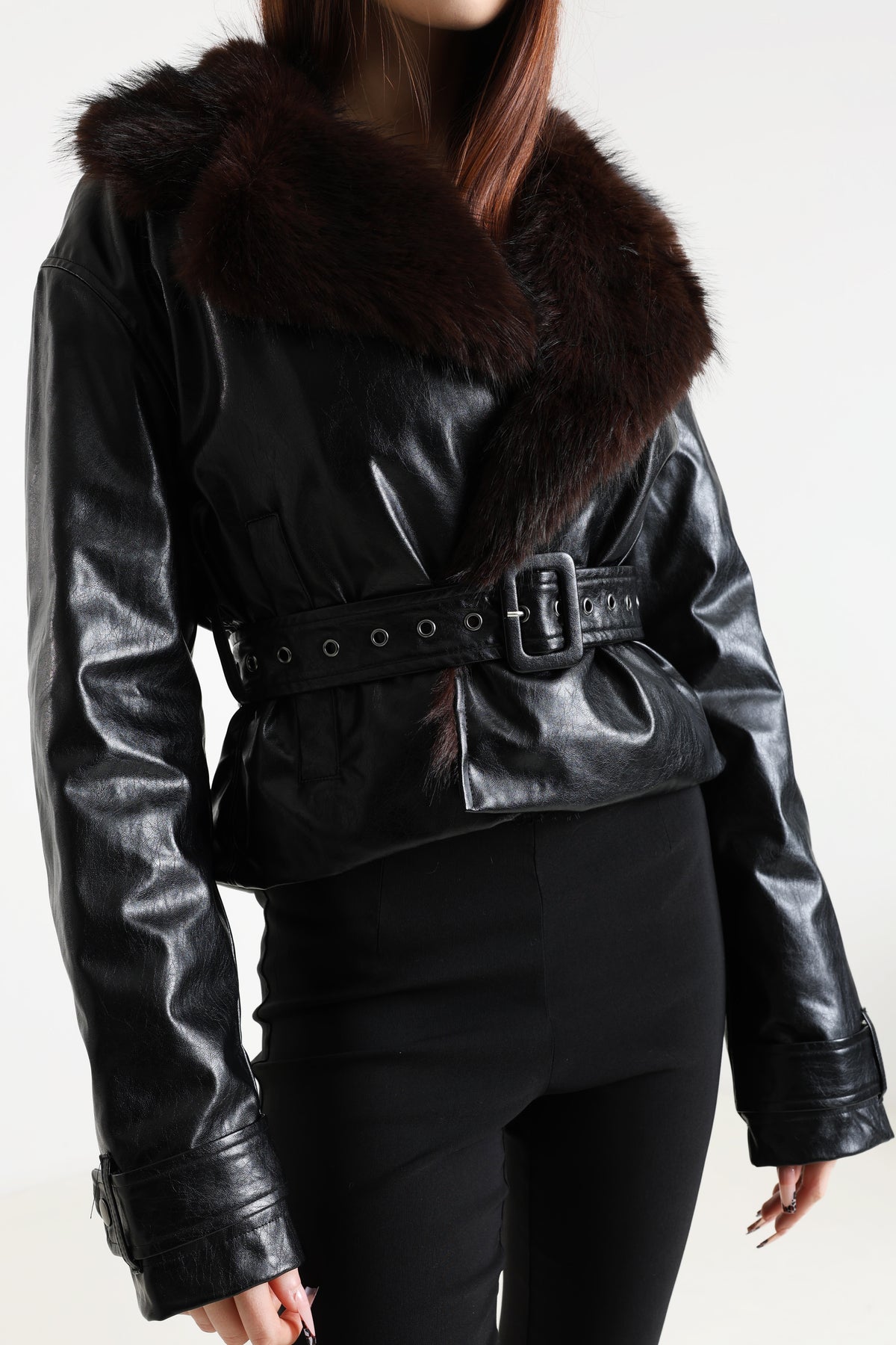 Short faux leather jacket - Black + Brun foncé