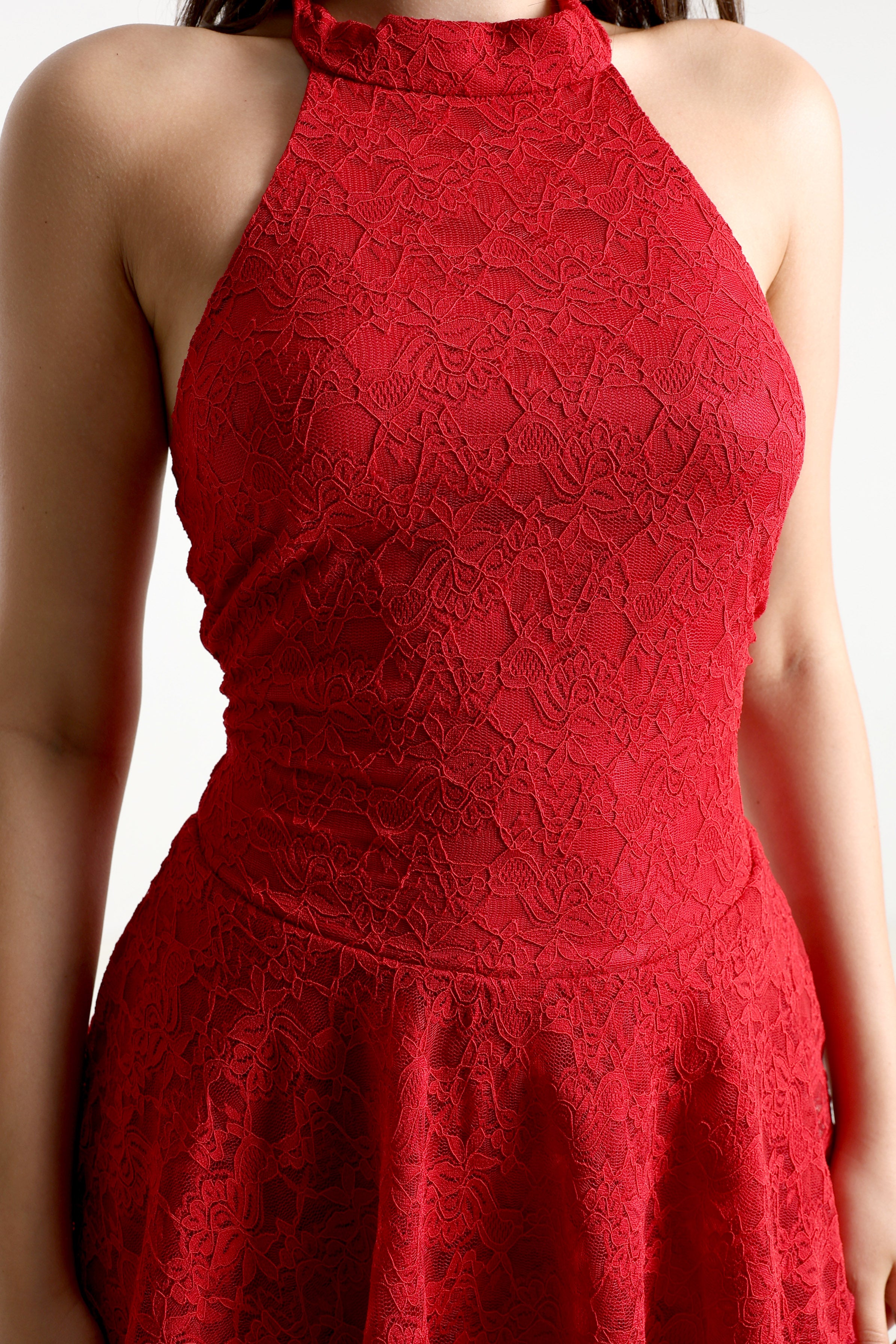 Neckholder Spitzen Minikleid - Rot