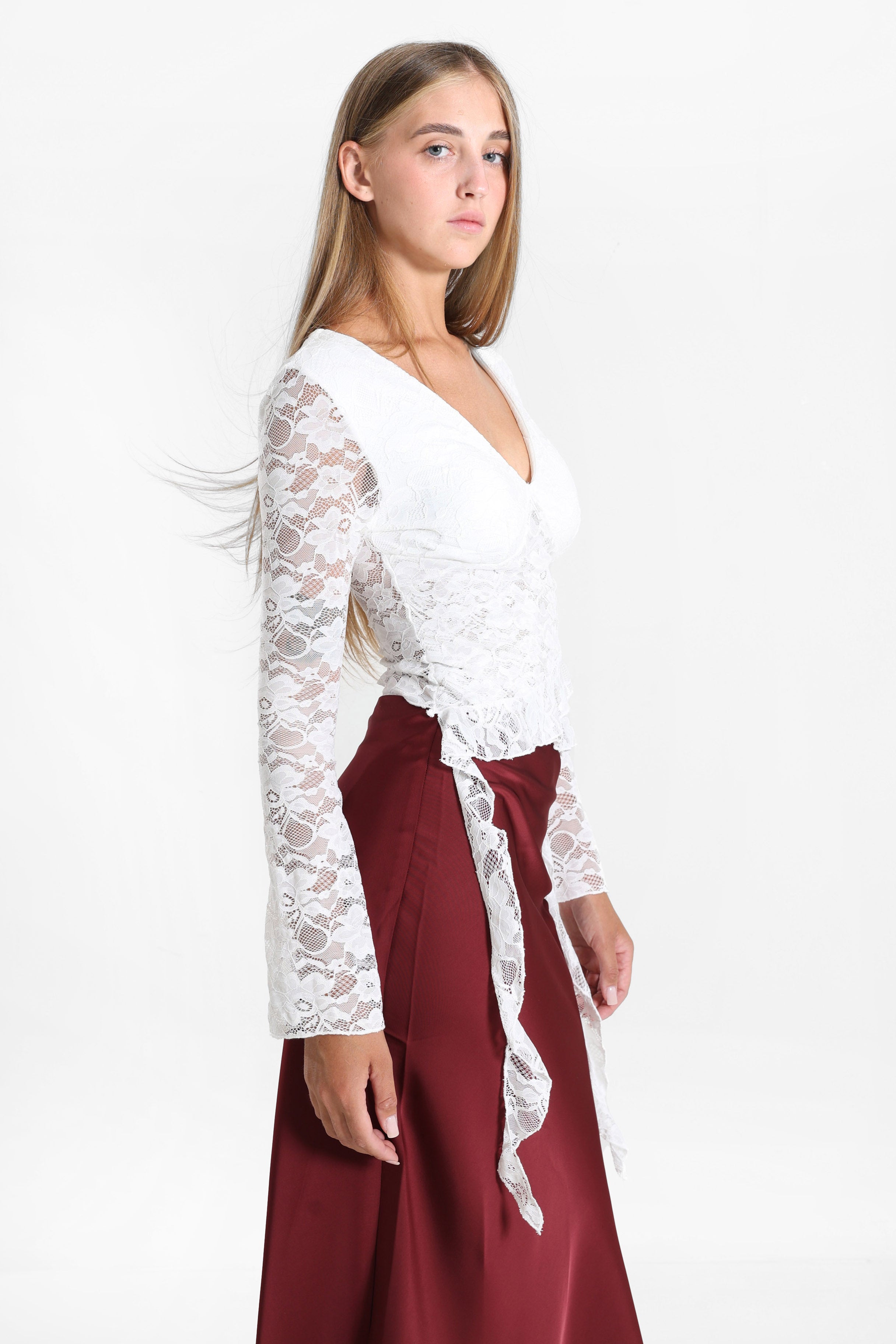 Camicia corta a maniche lunghe in pizzo - Bianco