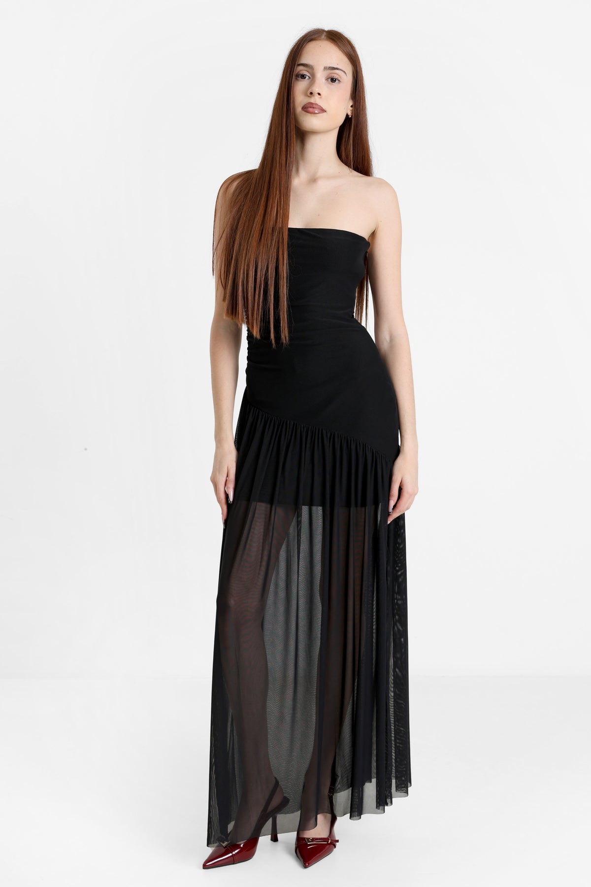 Mesh-Bandeau Maxikleid - Schwarz