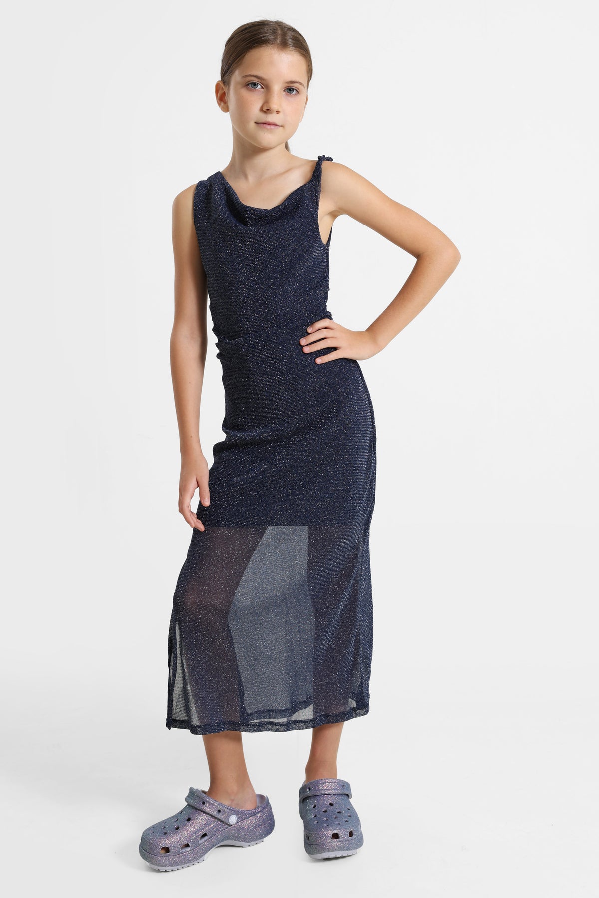 Robe longue one shoulder à brillants - Bleu marine