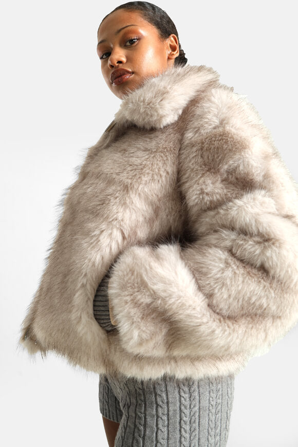 Kunstpelzjacke - Beige + Brown