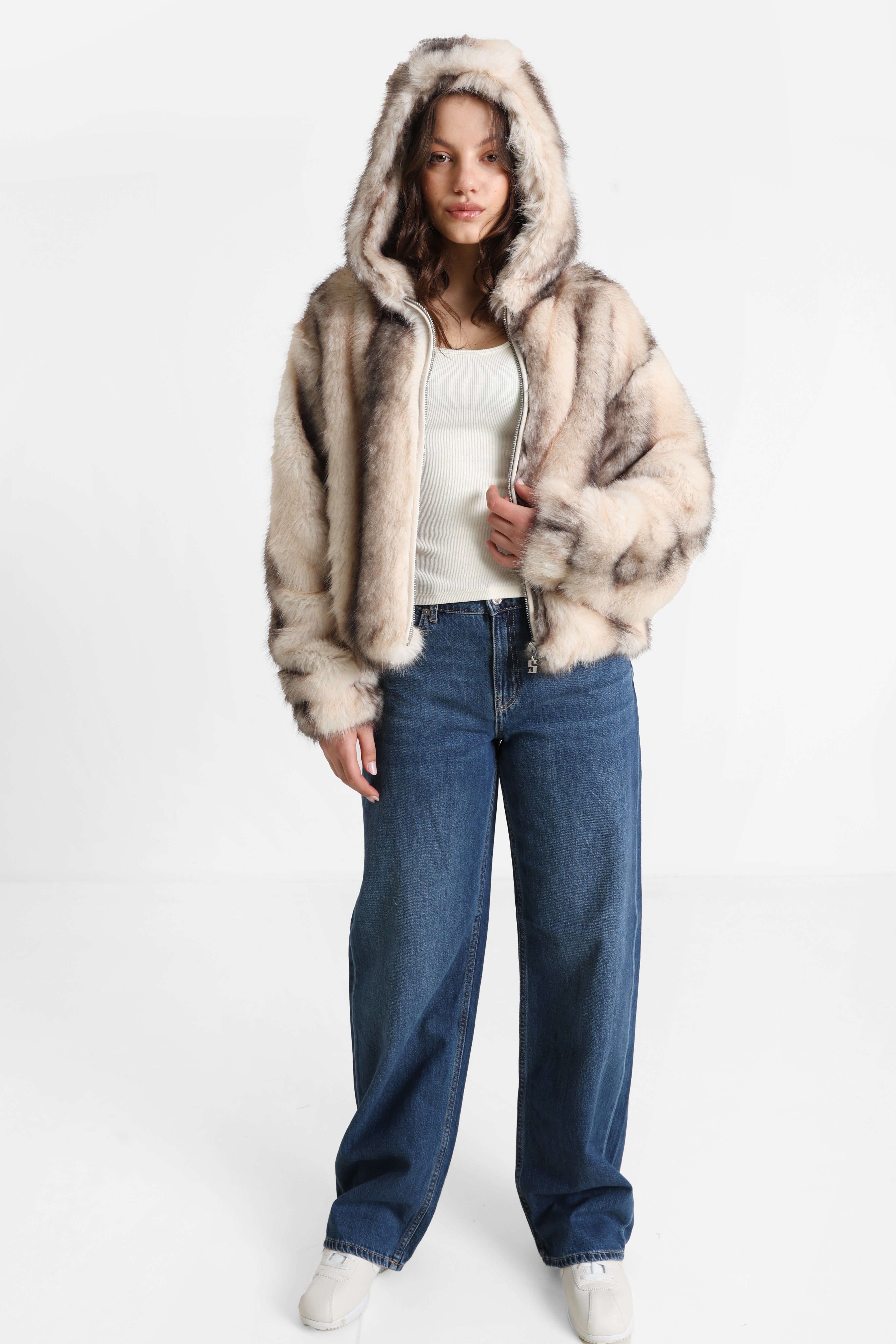 Oversize Kunstpelzjacke - Hellbeige + Braun