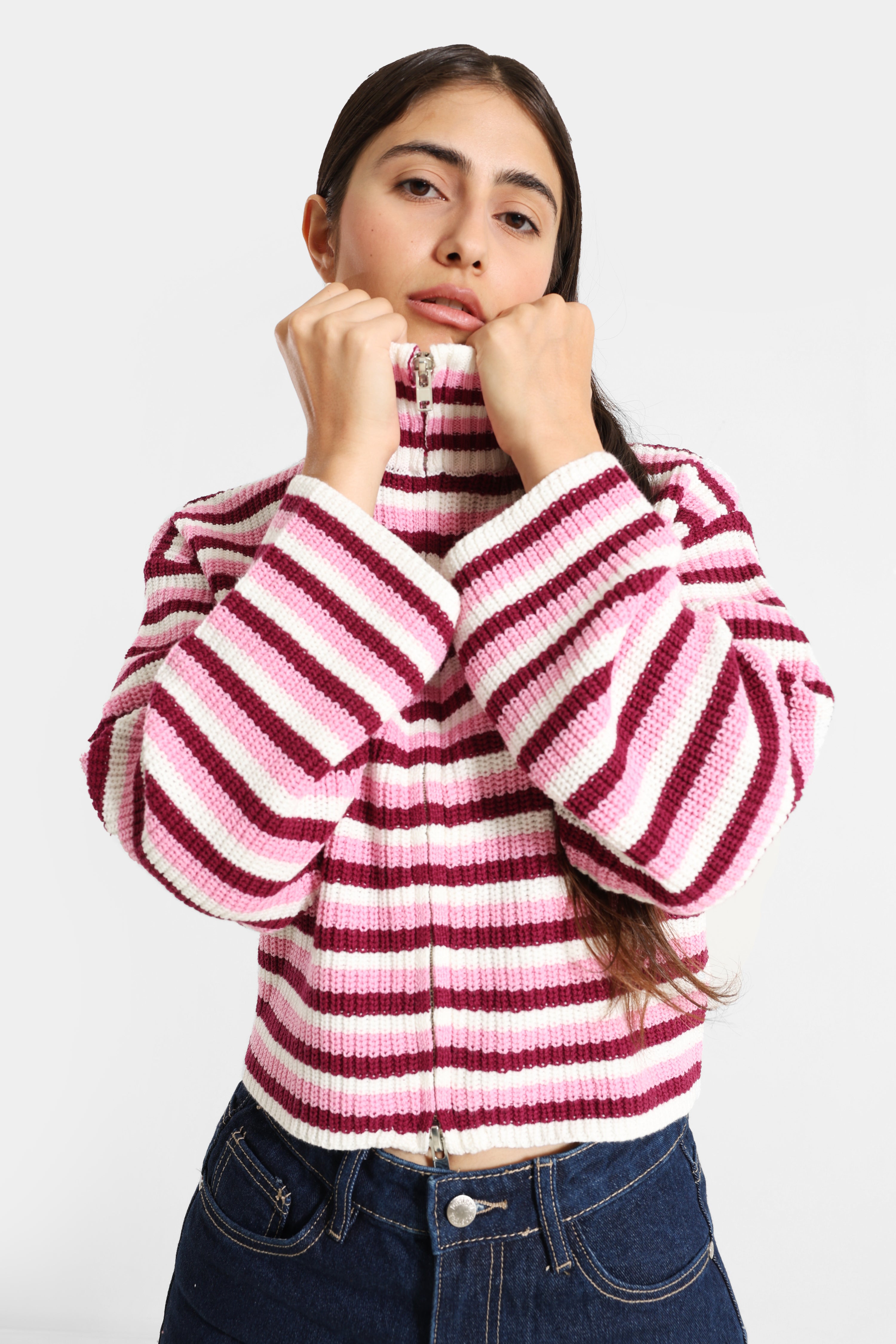 Short knitted jacket - Pink + Offwhite + Burgundy
