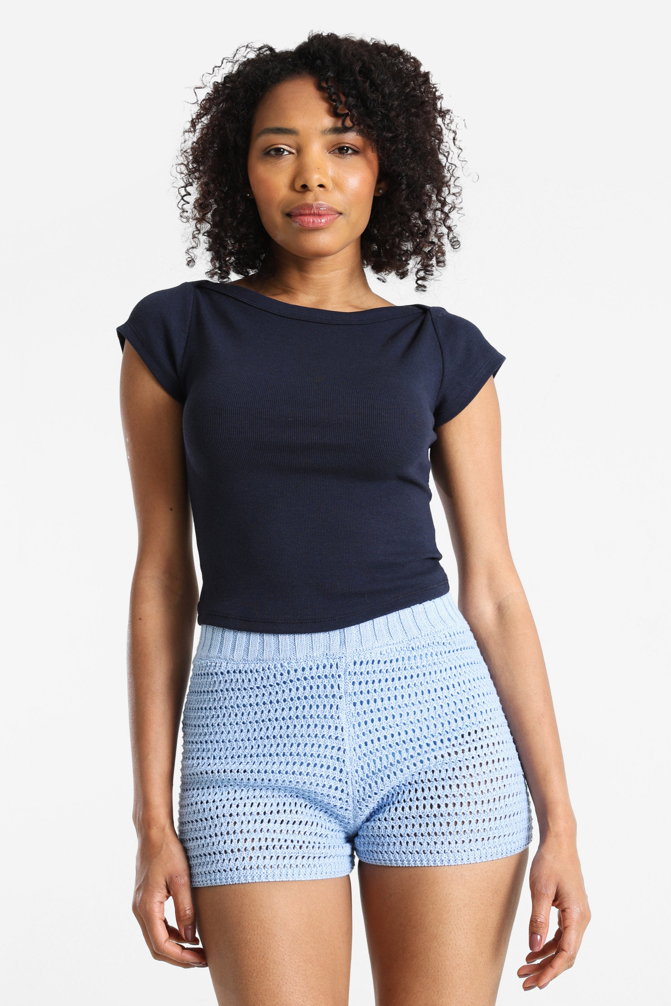 Geripptes Crop T-Shirt - Dunkelblau