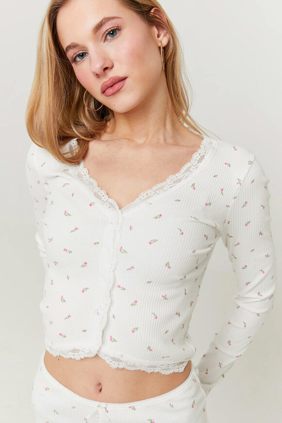 Geripptes Crop Langarmshirt - Offwhite