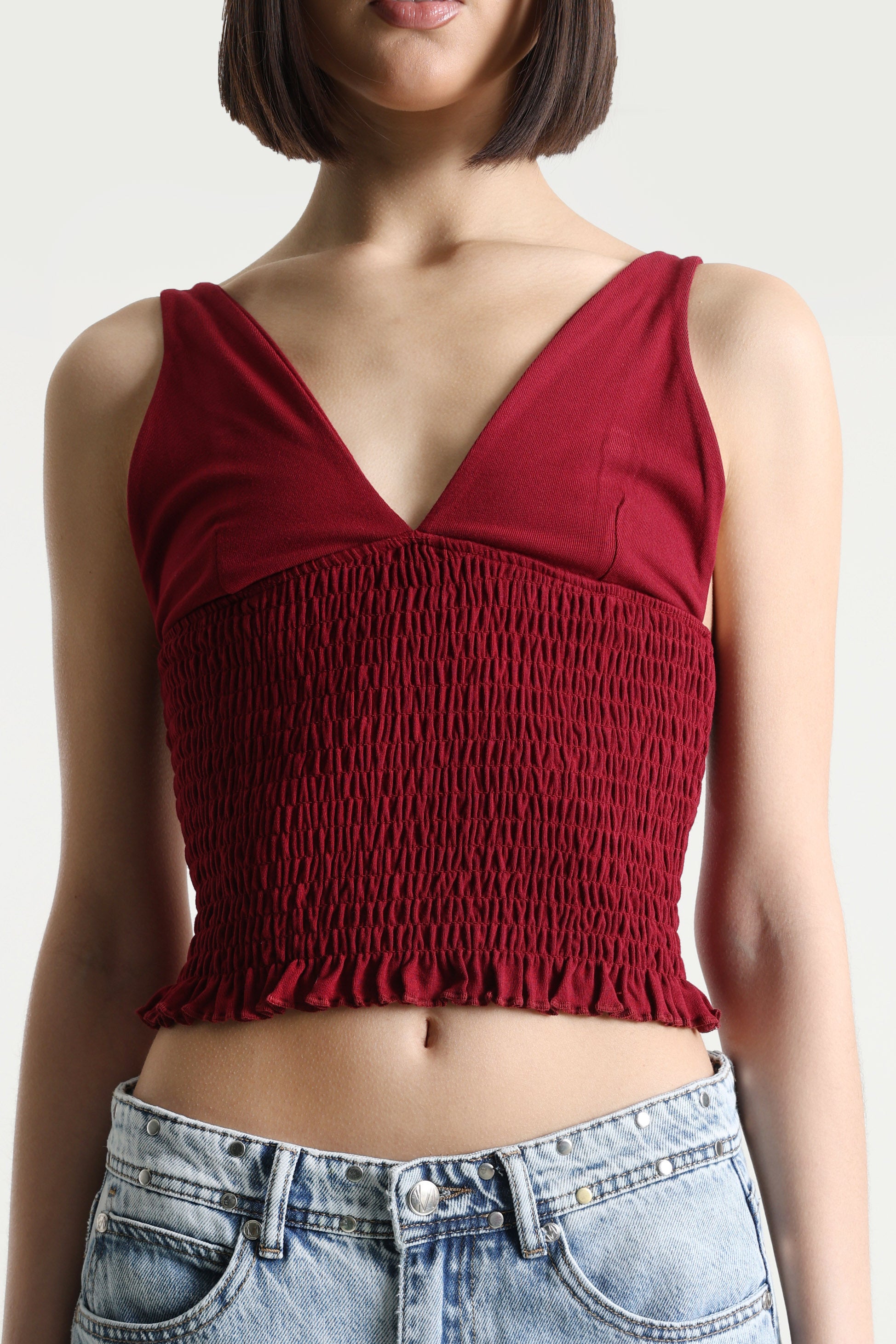 Gesmoktes Crop Top - Bordeaux