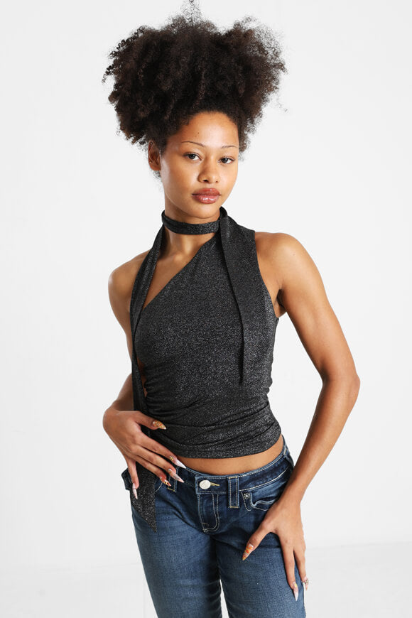 One Shoulder Crop Top - Schwarz + Silber