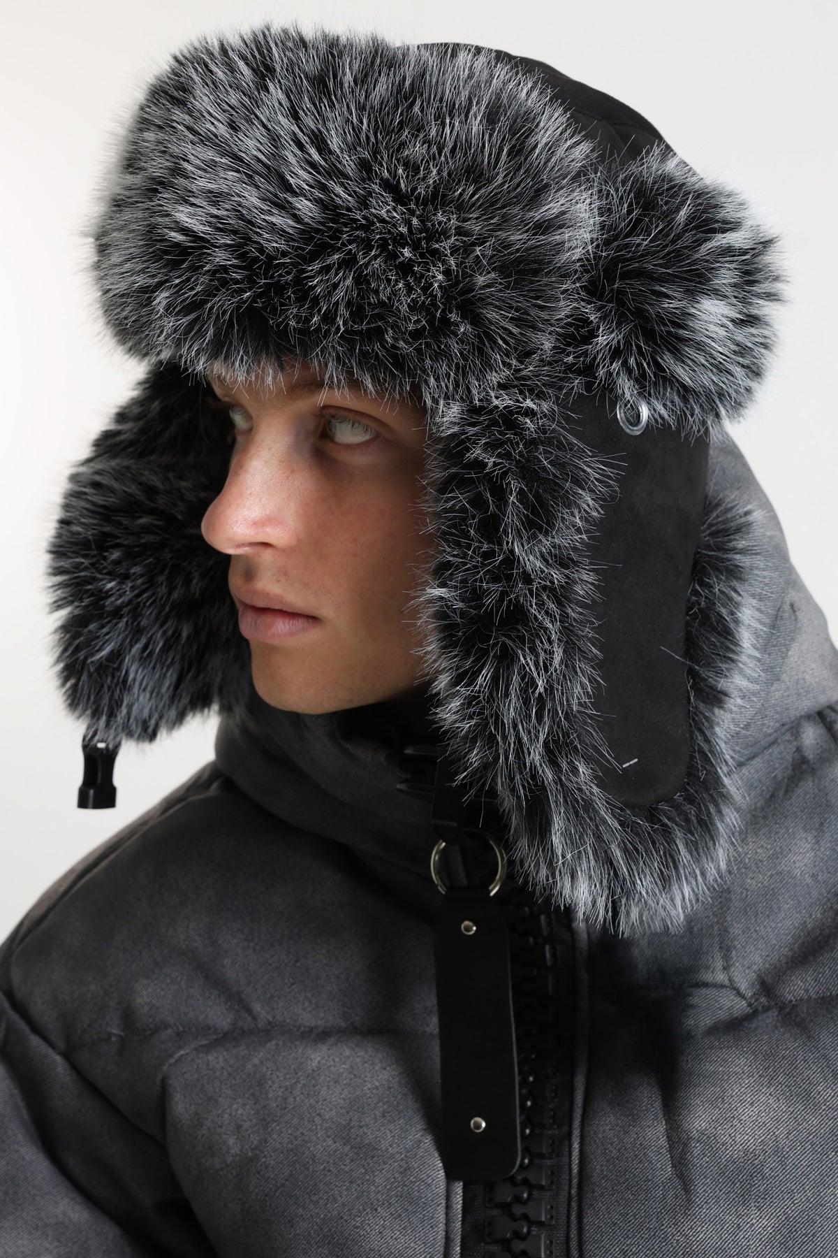 Trapper Beanie - Black + Grey