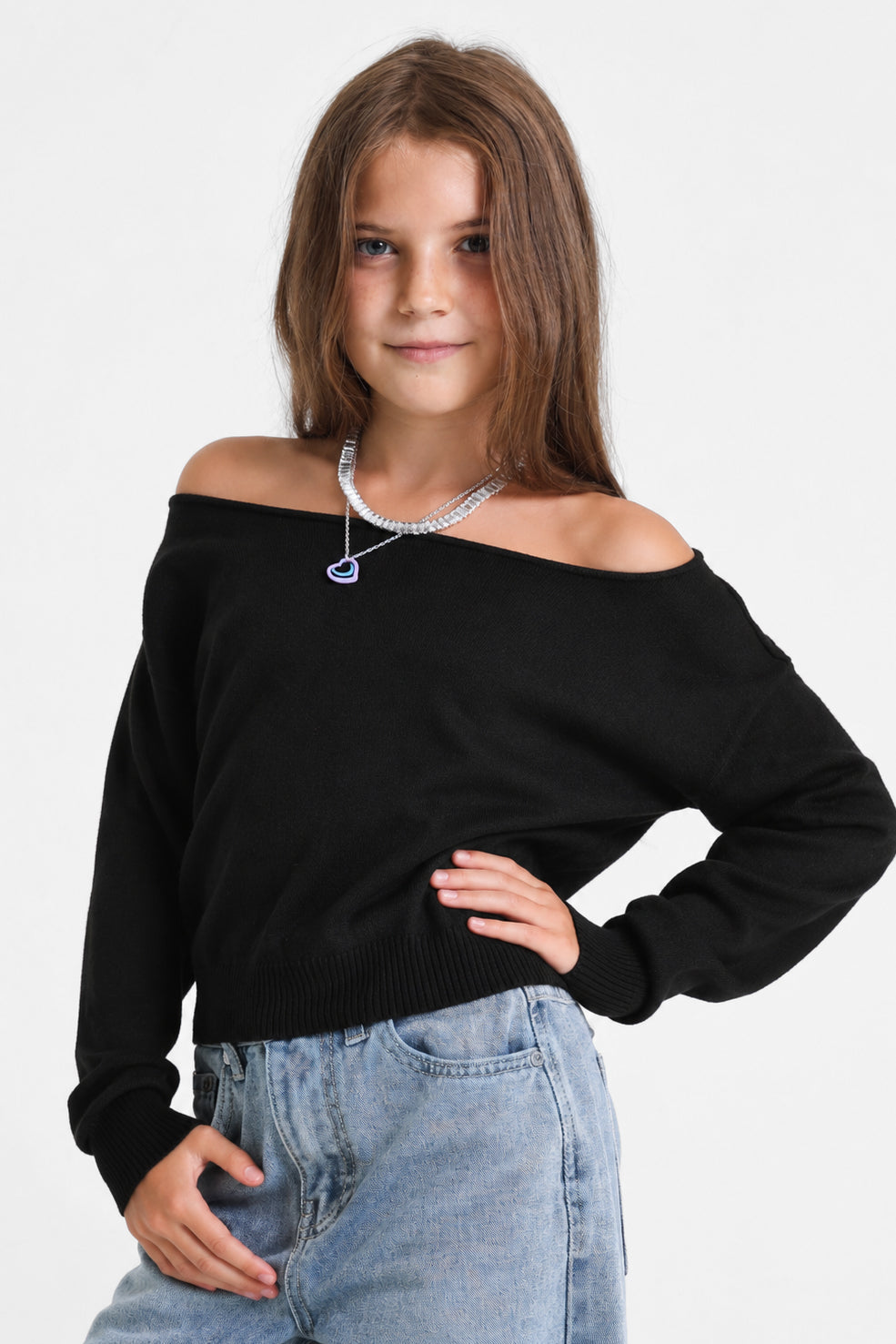 Off Shoulder Strickpullover - Schwarz