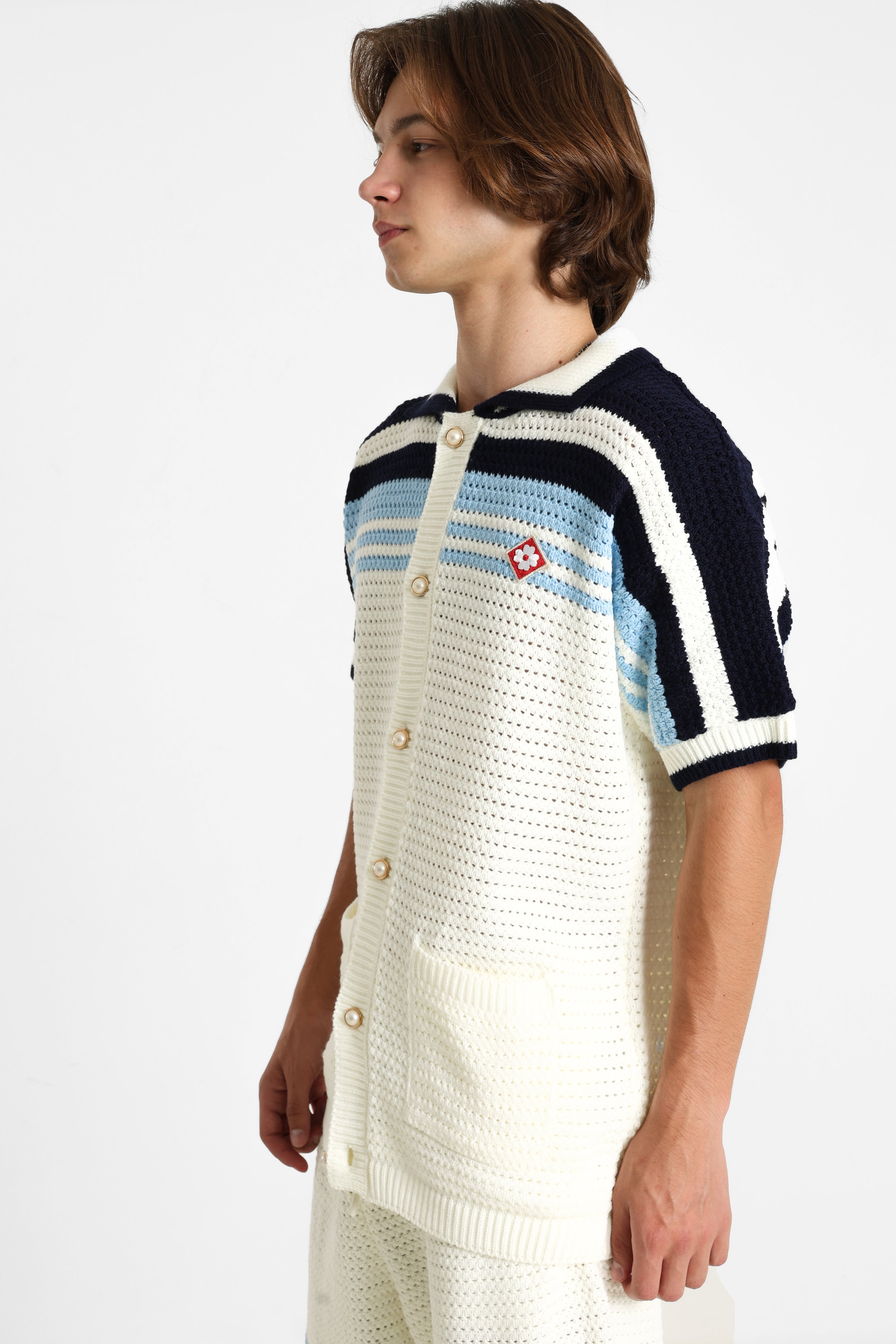 Strickhemd - Offwhite + Blue