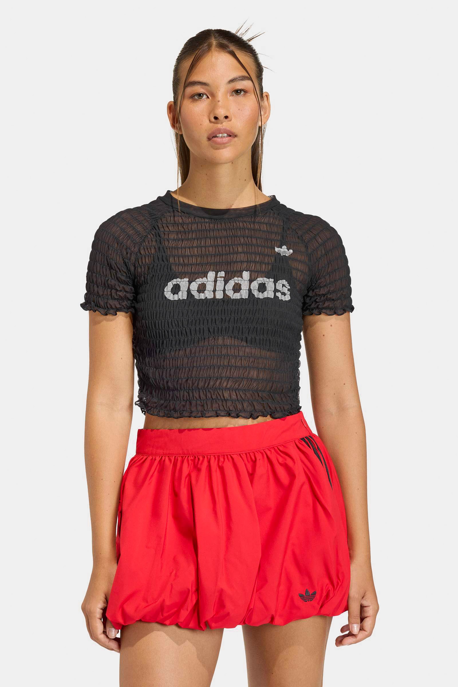 Gesmoktes Crop T-Shirt - Black