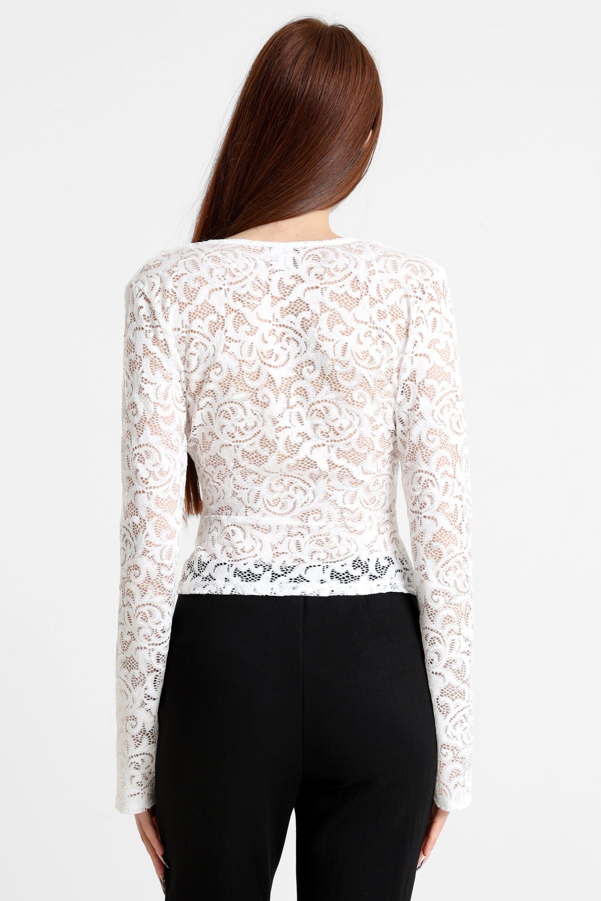 Crop Spitzen Langarmshirt - Offwhite