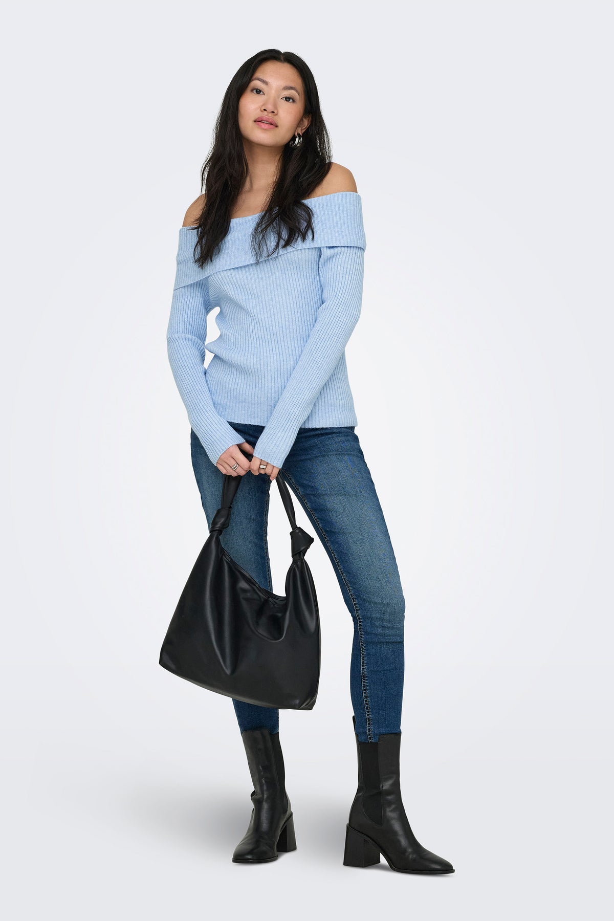 ONLKATIA gerippter Crop Off Shoulder Strickpullover - Kentucky Blue Melange